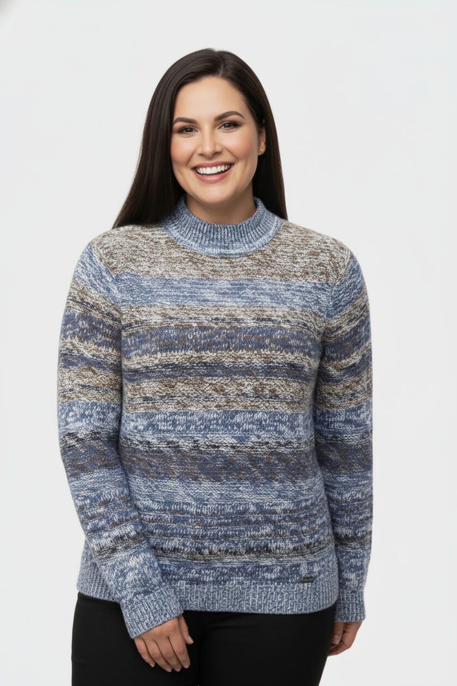 Langarm-Pullover mit Strickstruktur - jeansblau-braun-meliert