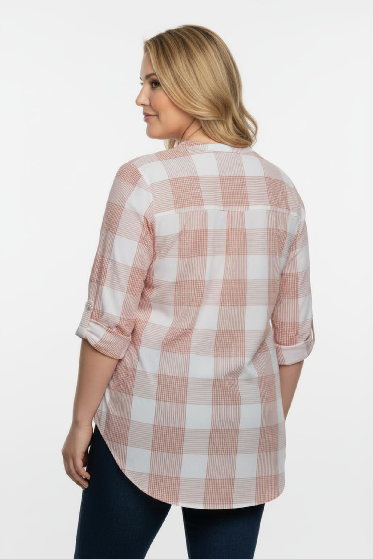 Baumwollbluse mit Stehkragen, kariert - lachs-weiß-kariert