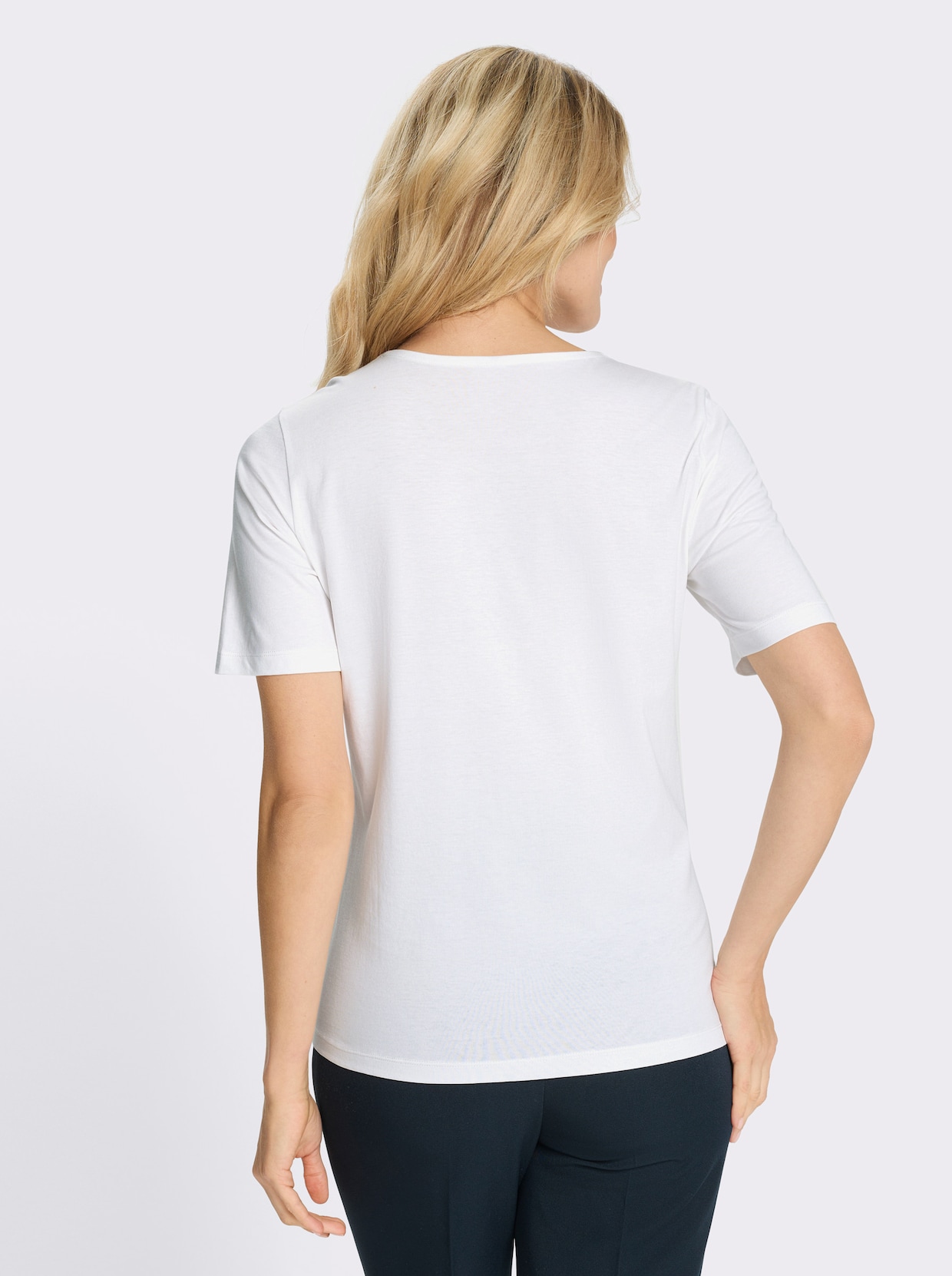 Kurzarmshirt mit kontrastfarbigen 3D-Blüten - ecru-mittelblau