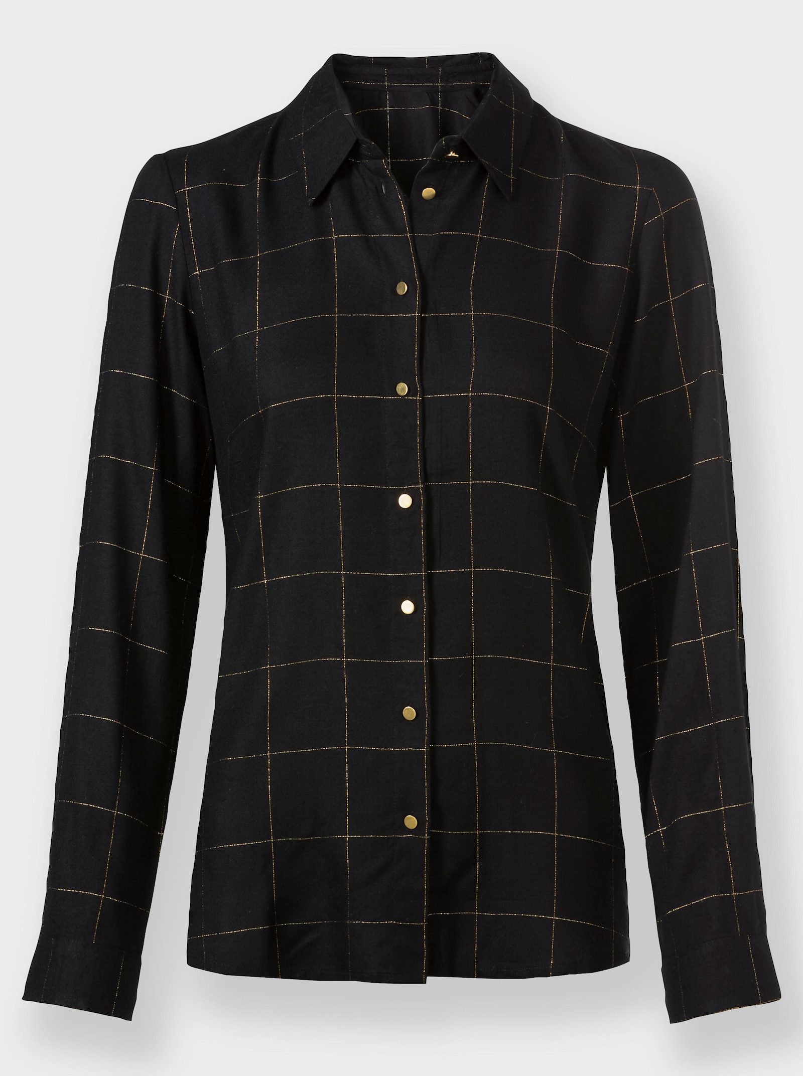 Langarm-Bluse mit Effektgarn - schwarz-goldfarben-kariert