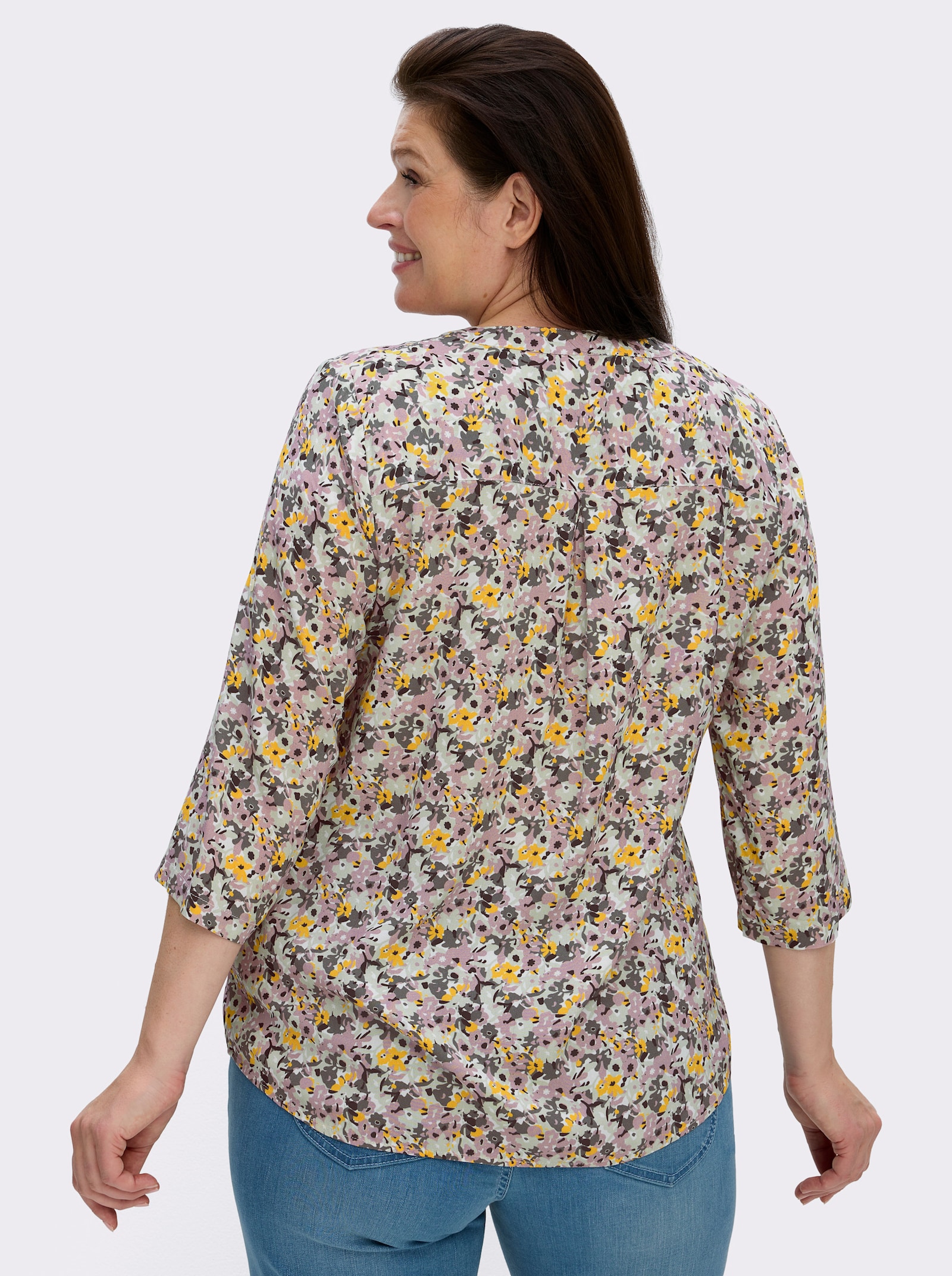 Druckbluse mit Krempelärmeln - hortensie-gelb-bedruckt