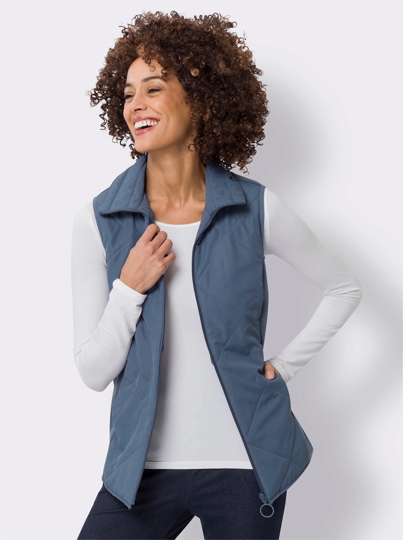 Vesta s vreckami vo švoch - dymová modrá