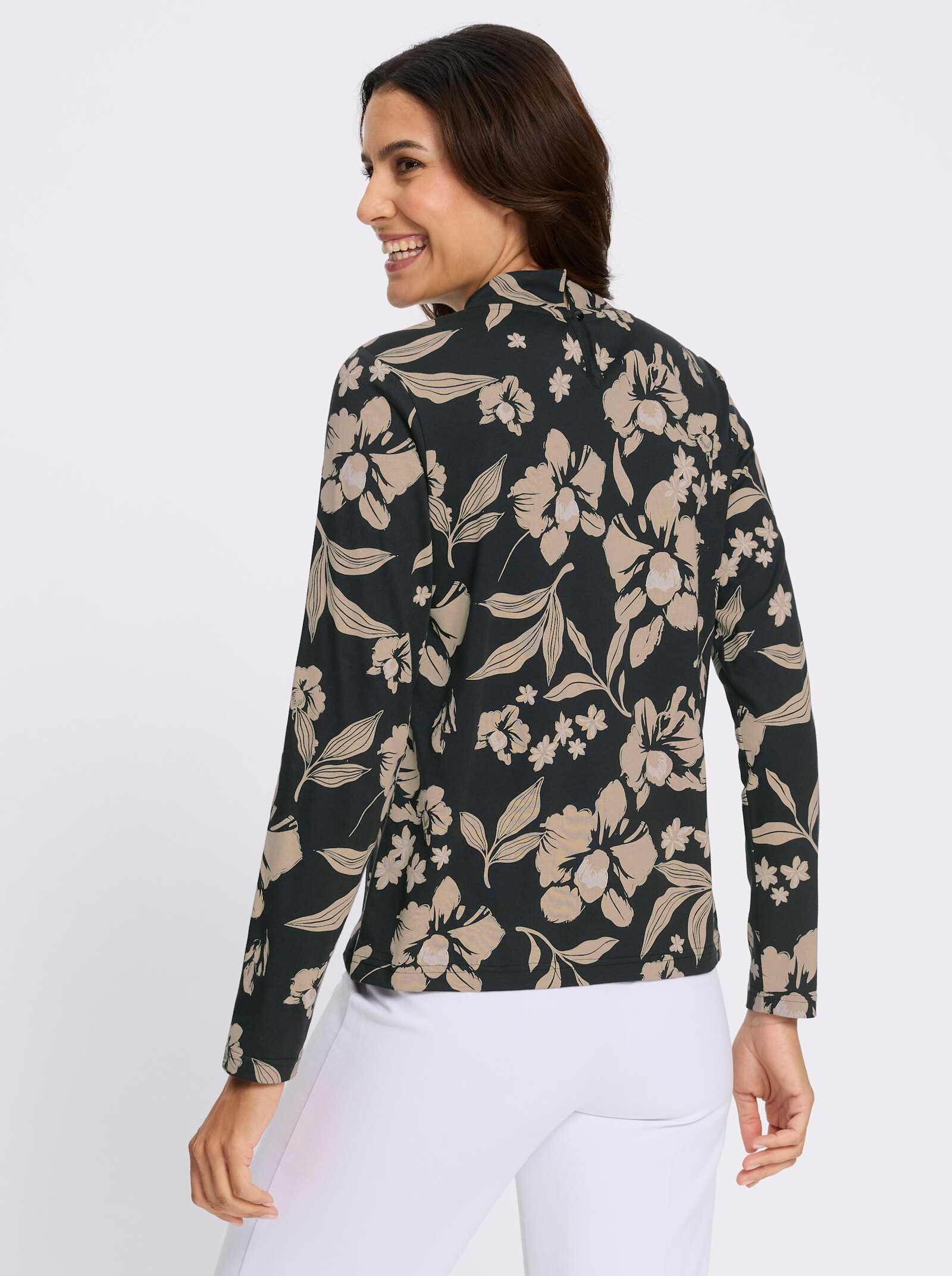 Stehkragenshirt mit Modal - schwarz-sand-bedruckt