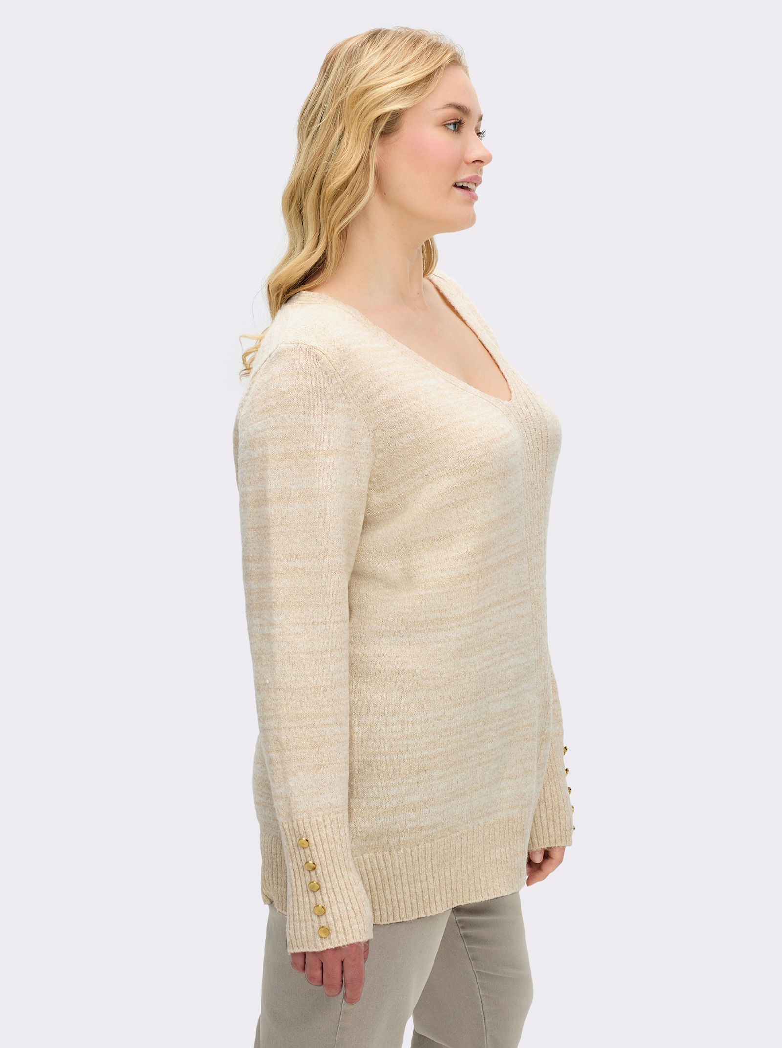 sheego by Joe Browns Pullover met V-hals, ribinzet en effectgaren - champagne