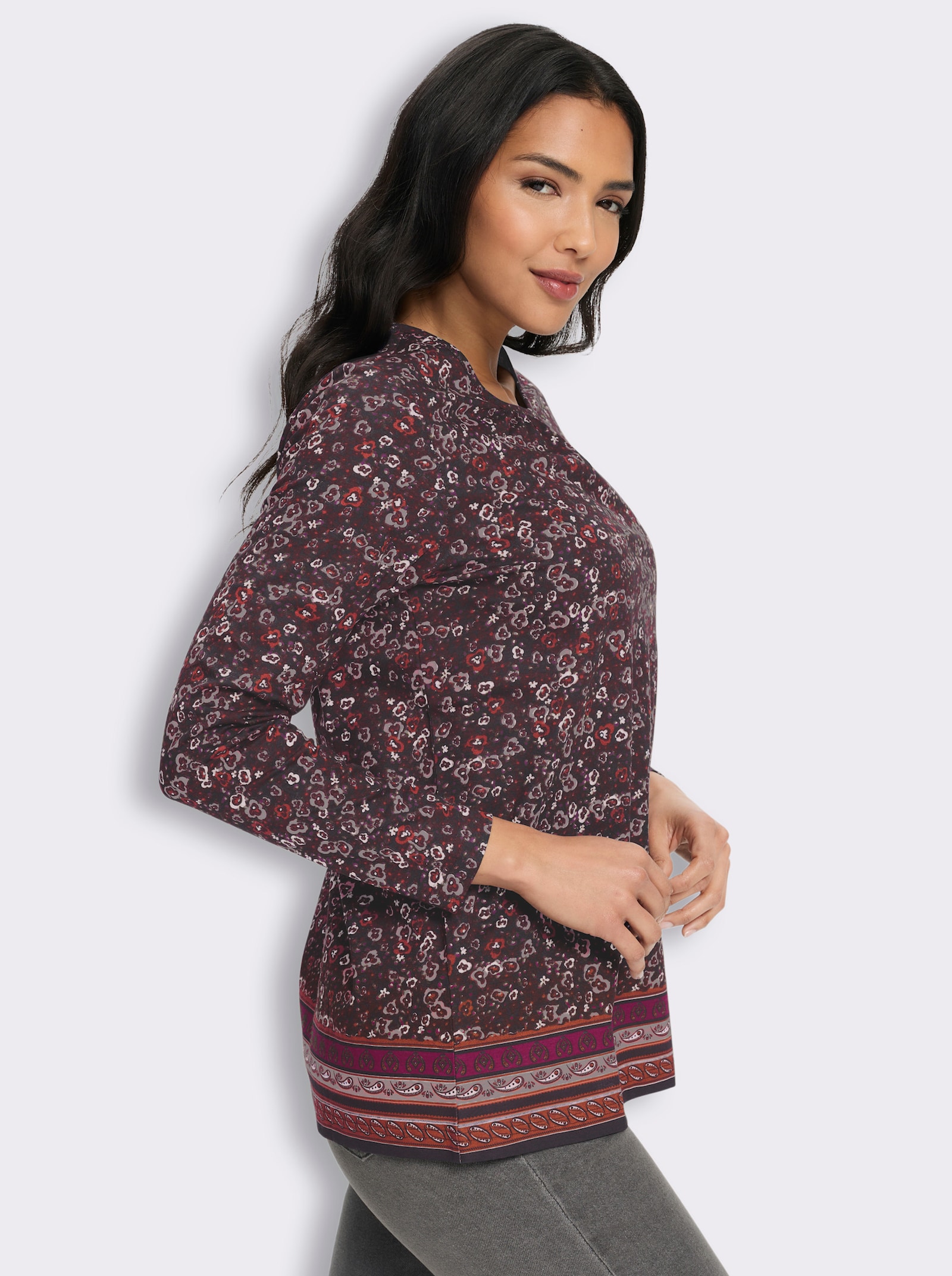 Longshirt mit Bordüren-Druck am Saum - schwarz-burgund-bedruckt