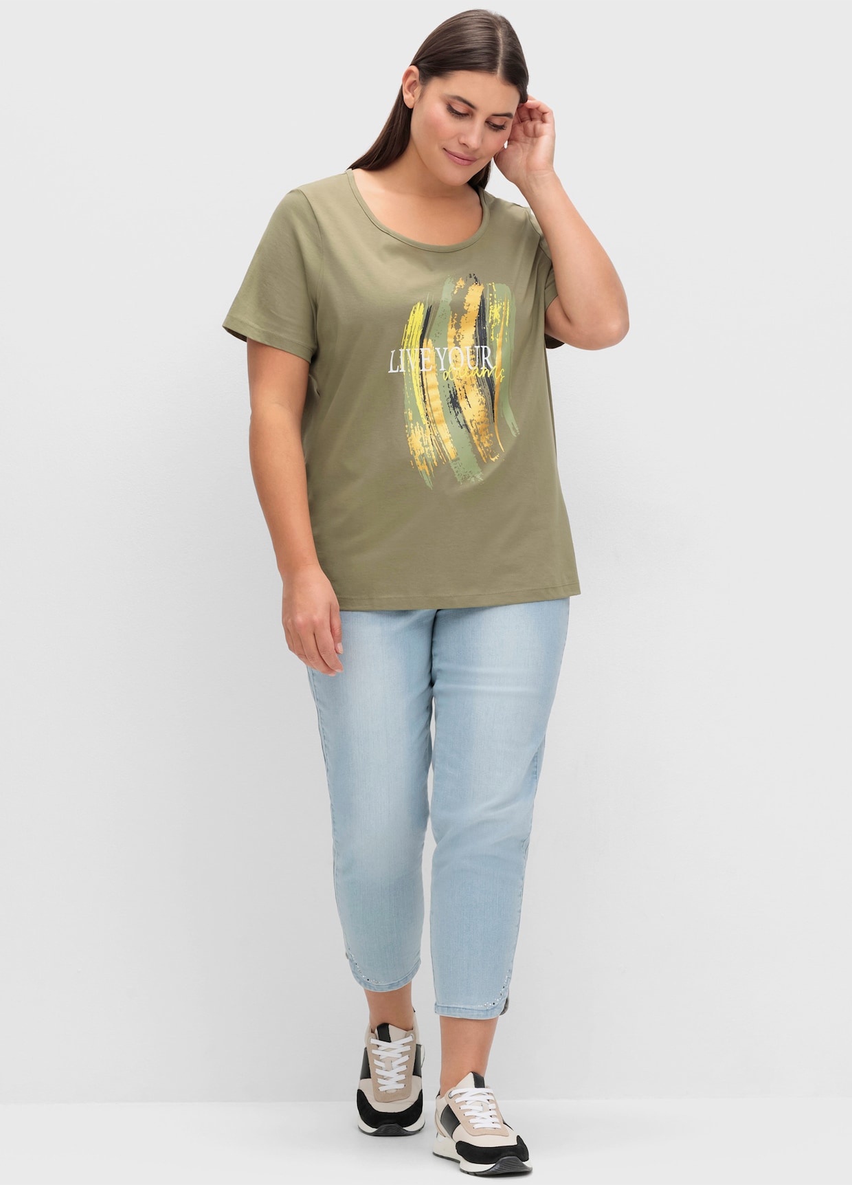 Kurzarmshirt mit Glitzer-Print - khaki-limone