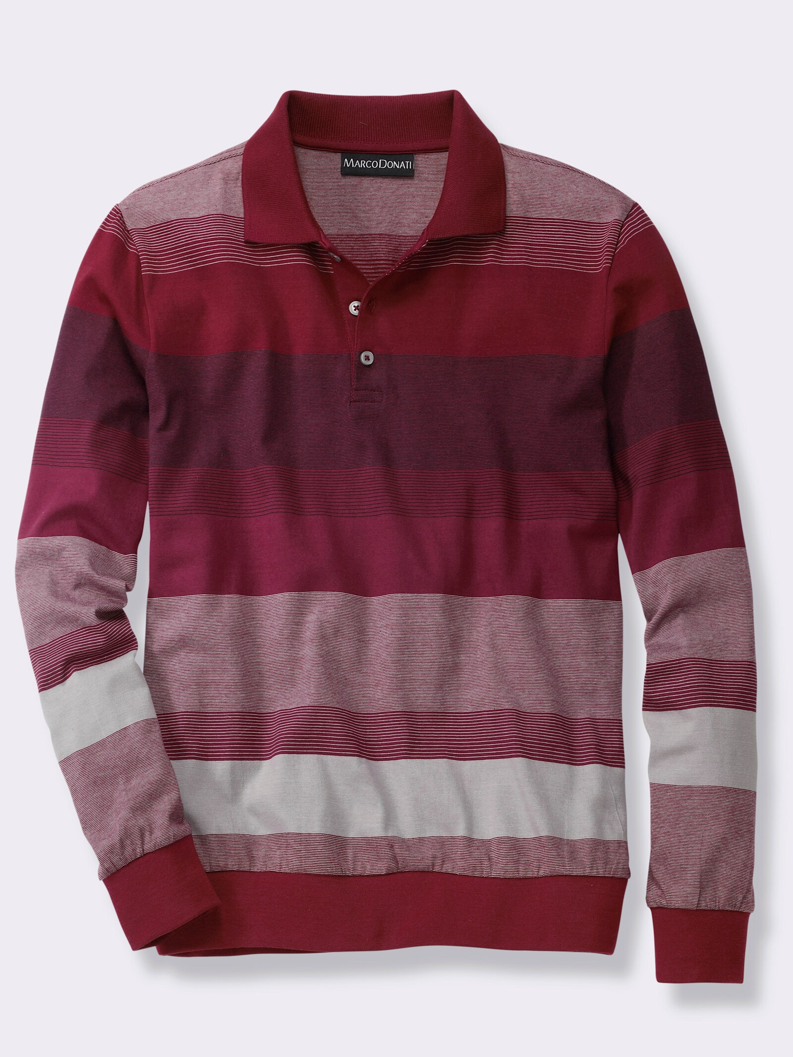 Marco Donati Langarm-Poloshirt , hochwertig garngefärbt - dunkelrot-steingrau-gestreift