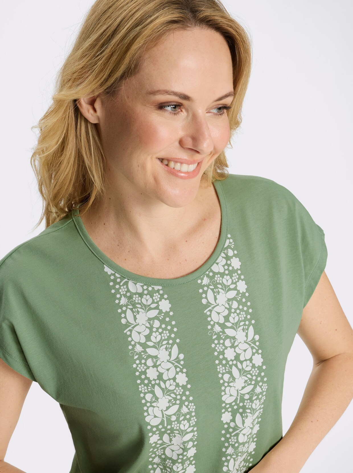 Tričko s krátkým rukávem a květinovým vzorem - eukalyptová-bílá