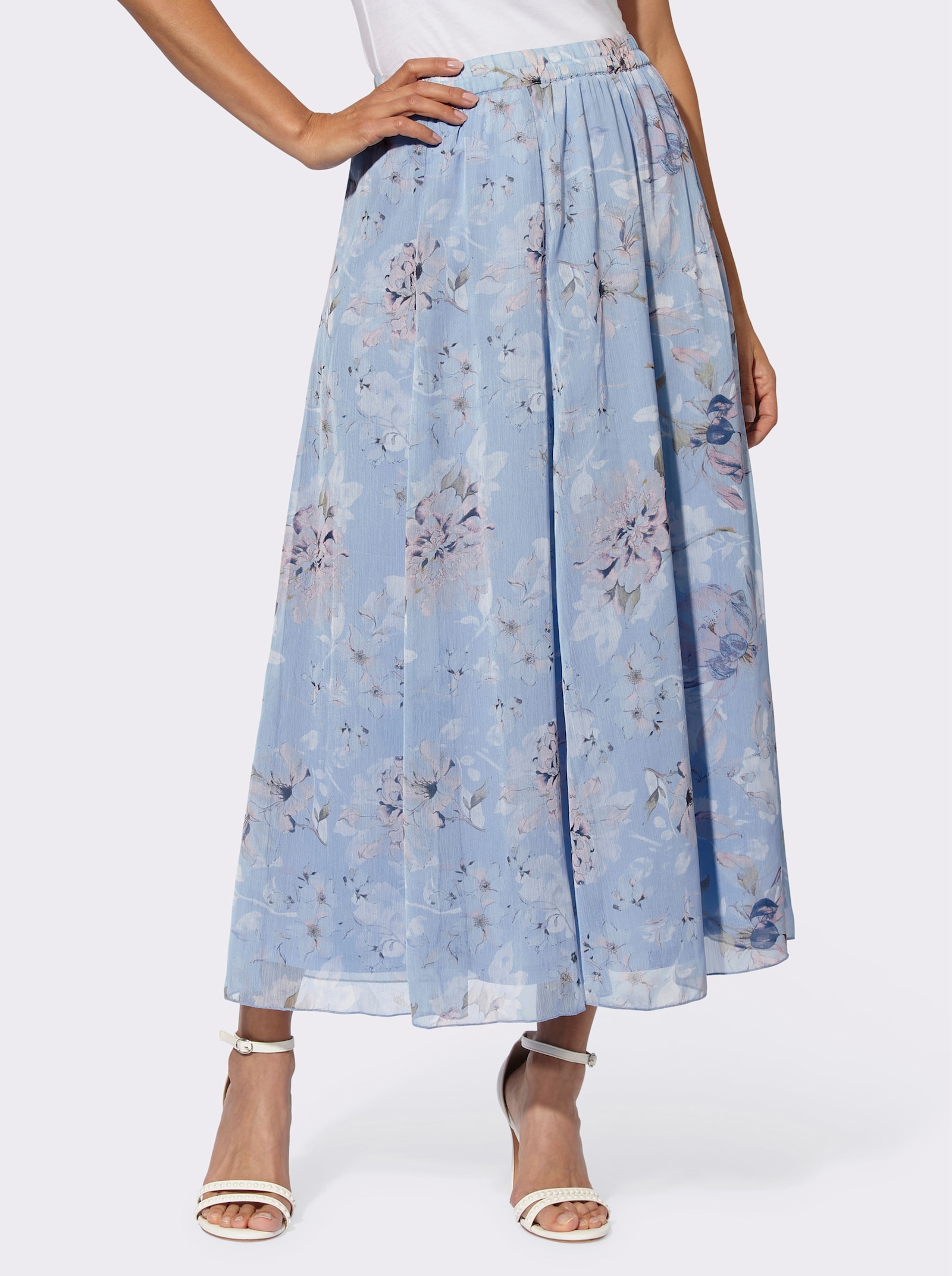 Vävd kjol med elastisk linning - blekblå-ecru-med tryck