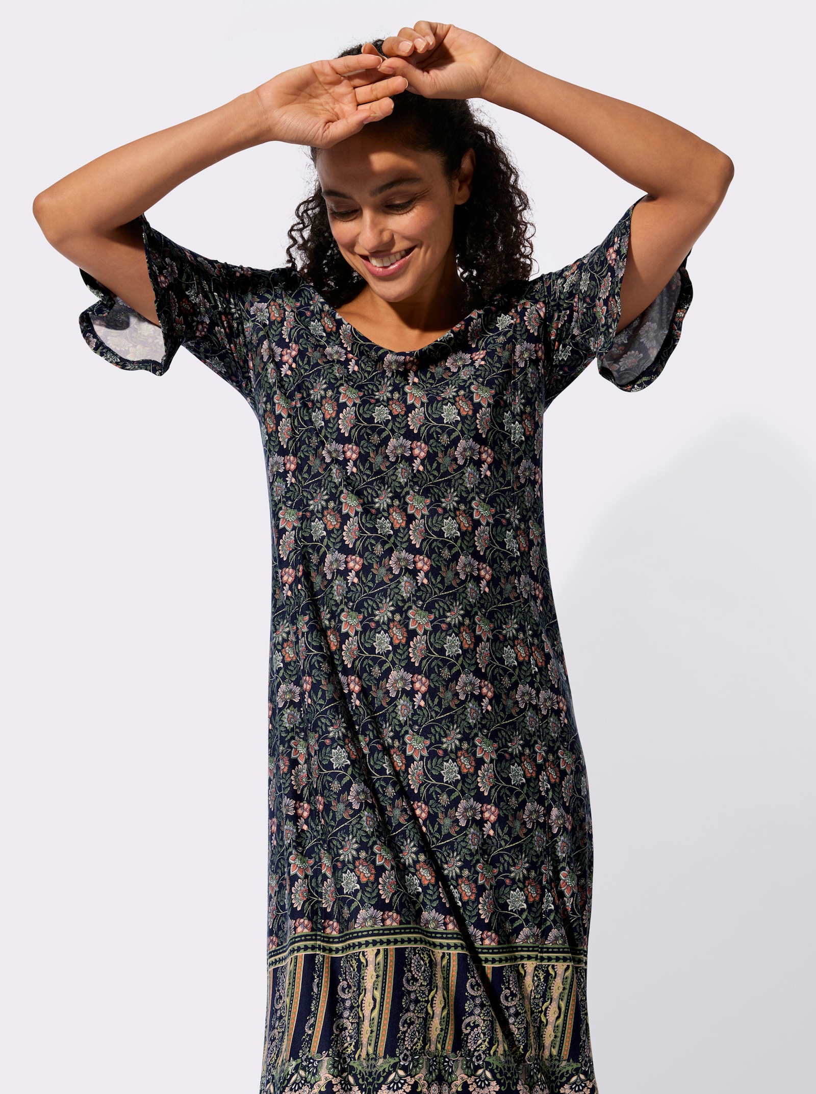 Jerseykleid mit Volants - marine-eucalyptus-bedruckt