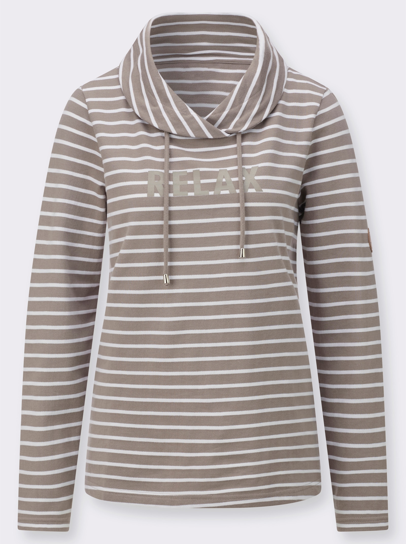 Sweatshirt mit regulierbarem Rollkragen - taupe-weiß-geringelt