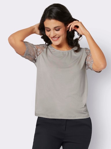 Kurzarmshirt mit floraler Spitze - hellgrau