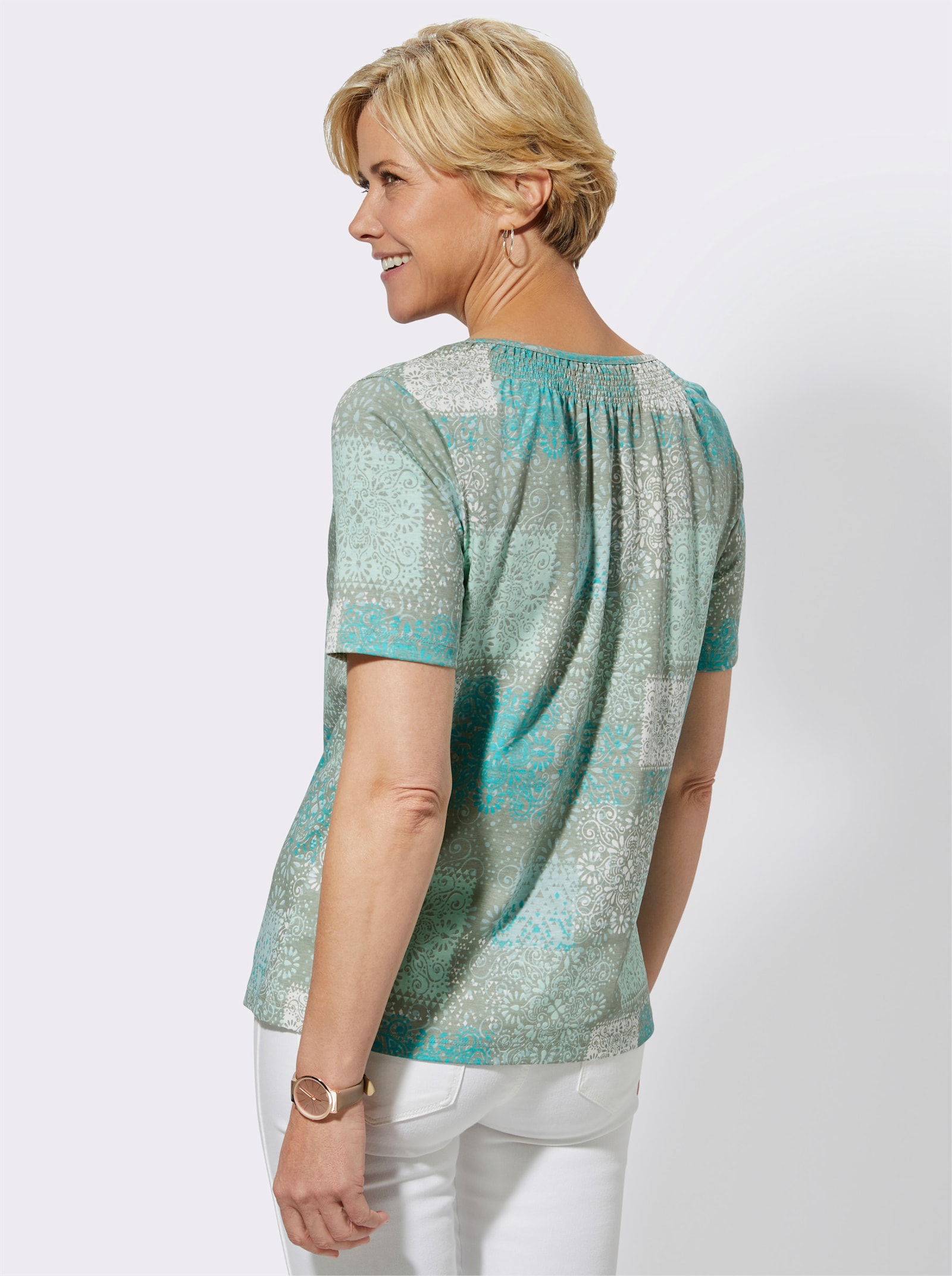 Rundhalsshirt mit Knopfleiste, kurz - türkis-bedruckt