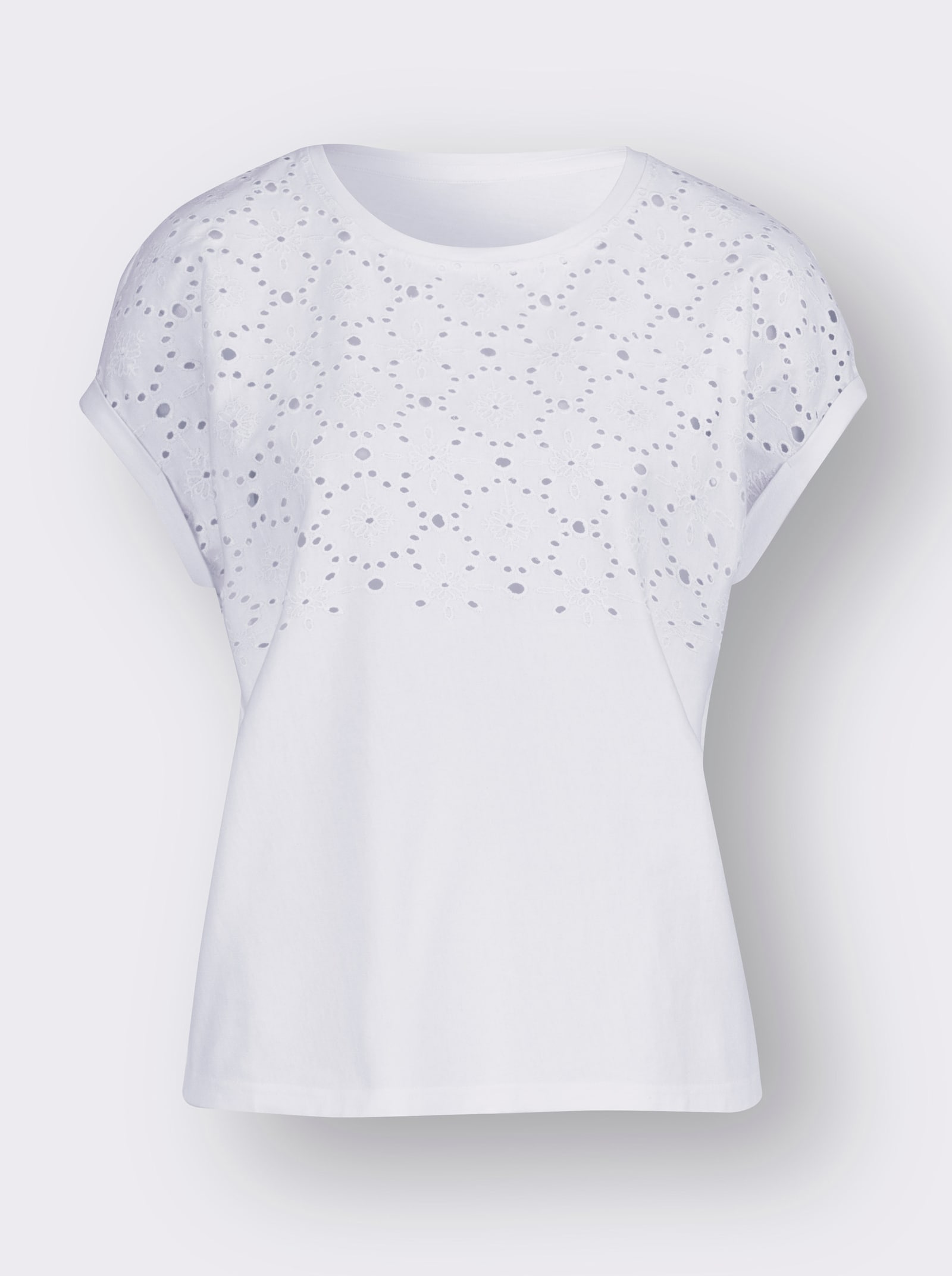 Rundhalsshirt mit Lochstickerei - ecru