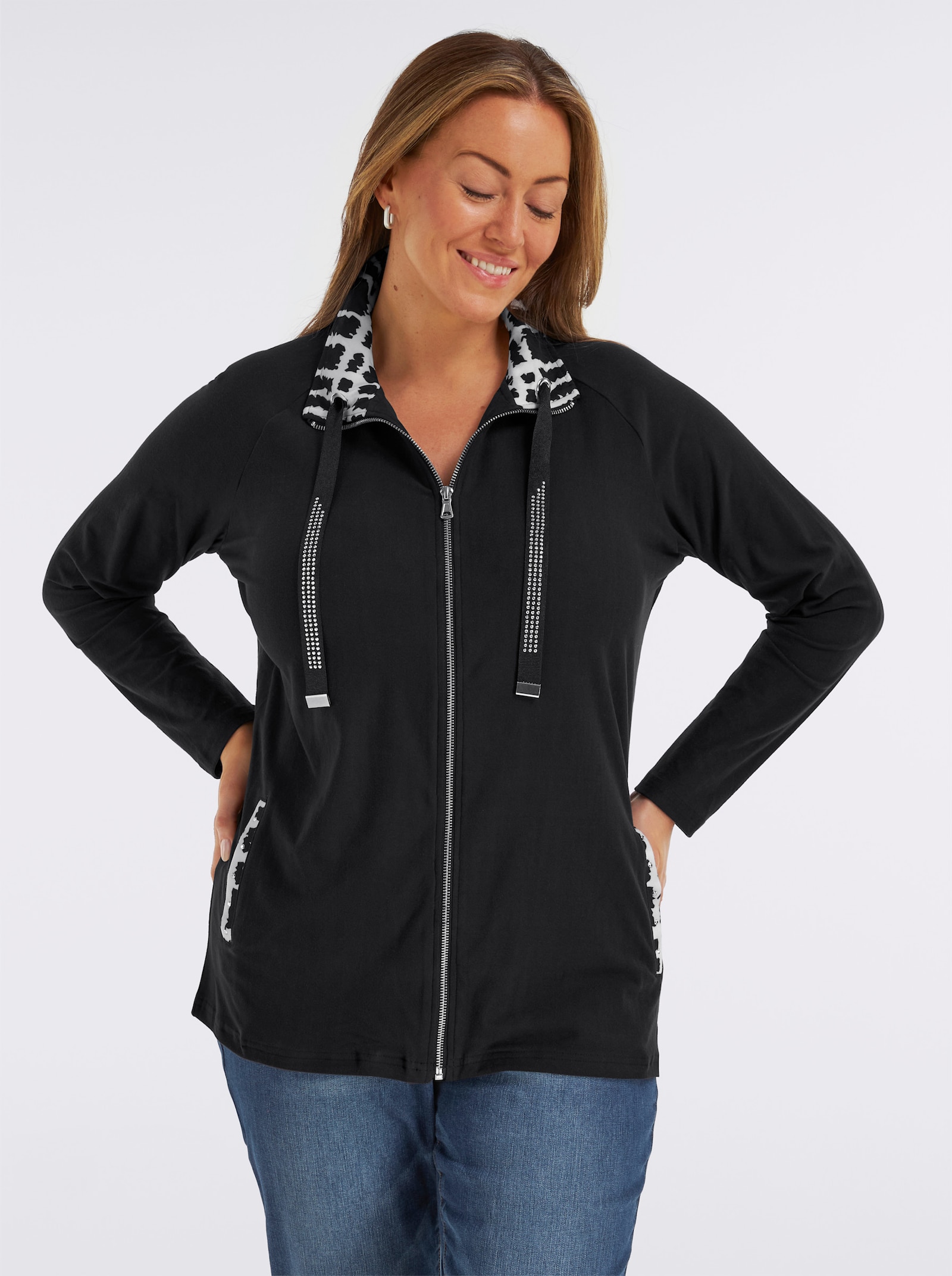 Shirtjacke mit Glitzersteinchen - schwarz-ecru-gemustert