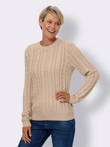 Langarm-Pullover mit Zopfmuster - beige