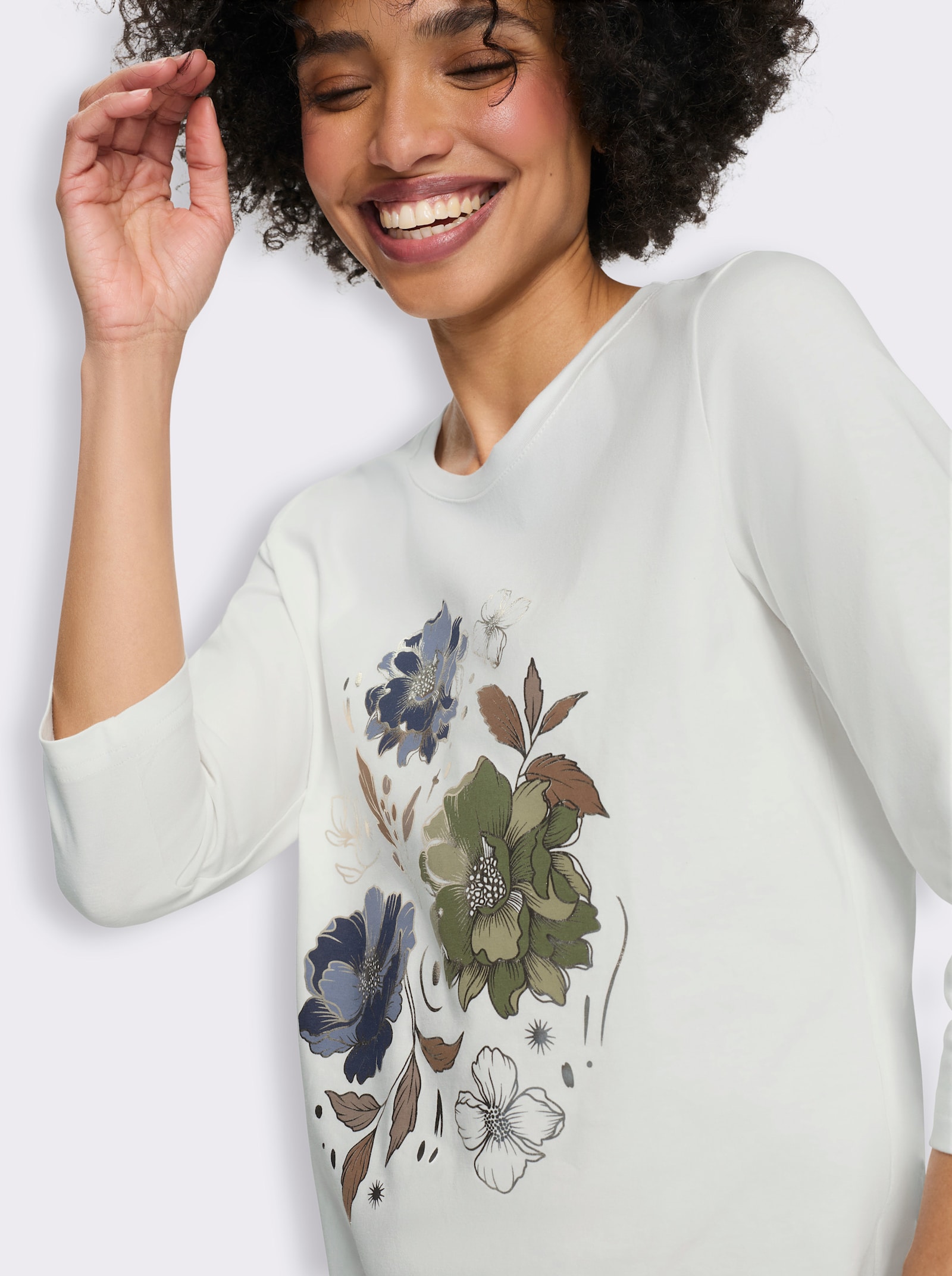 heine 3/4-Arm-Shirt mit Glanz-Details - ecru-braun-bedruckt