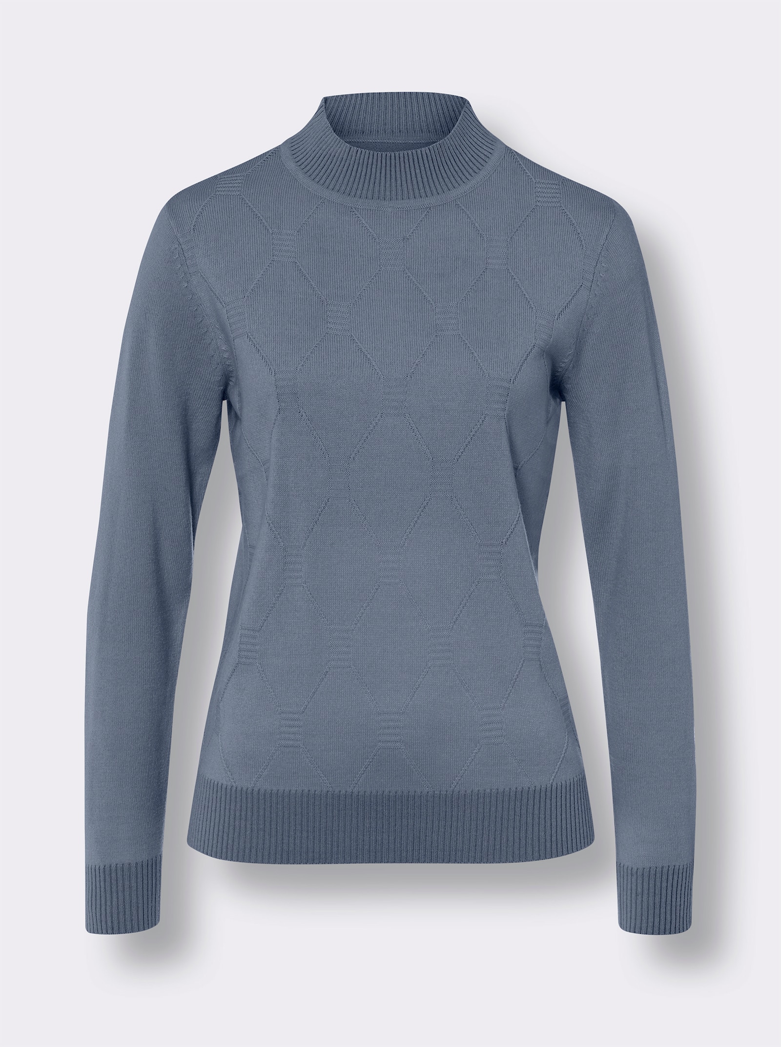 Pullover met opstaande kraag en gebreid ruitpatroon - duivenblauw