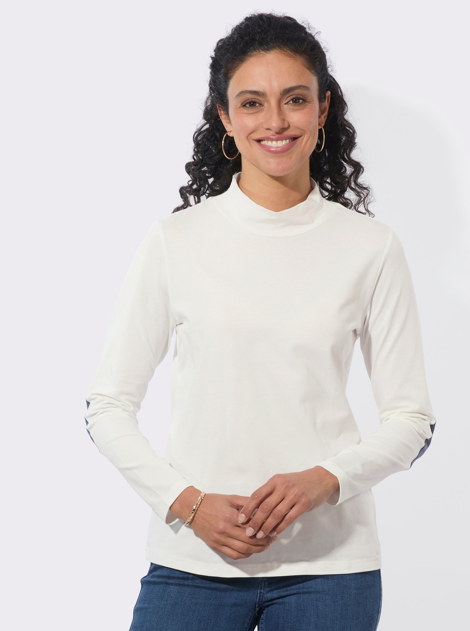 Stehkragenshirt mit Ellbogen-Patches in Jeans-Optik - ecru