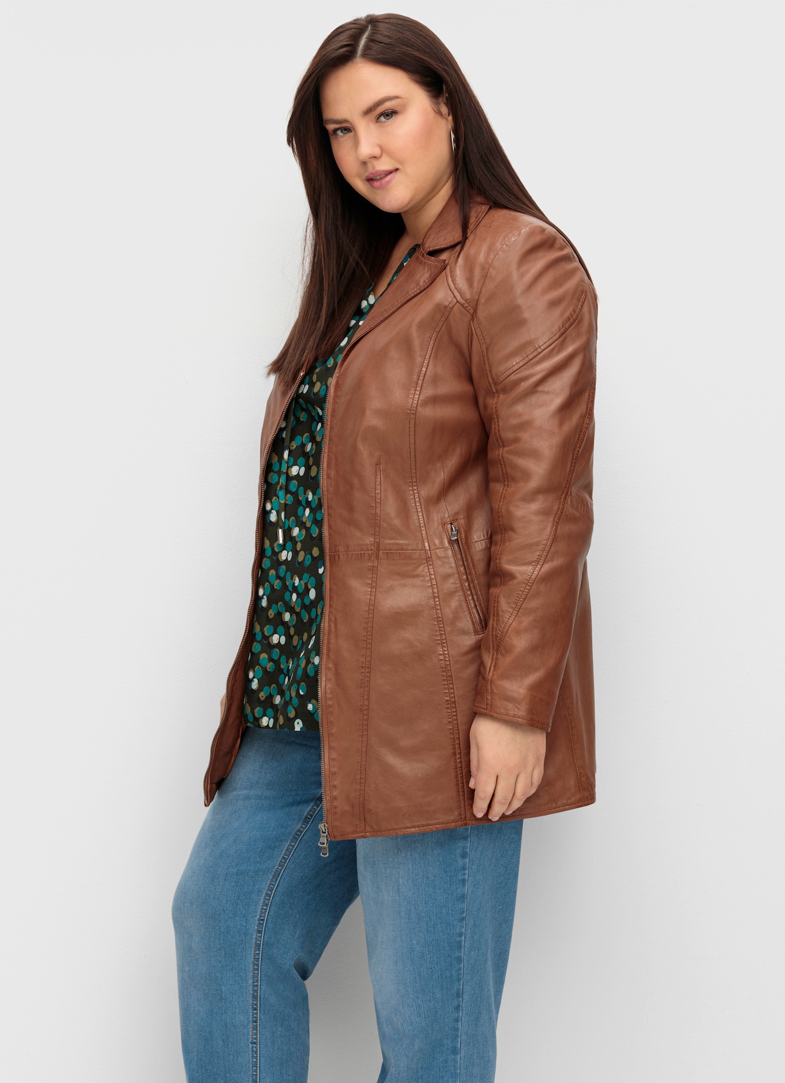 sheego Leren jack in lang, licht getailleerd model - cognac