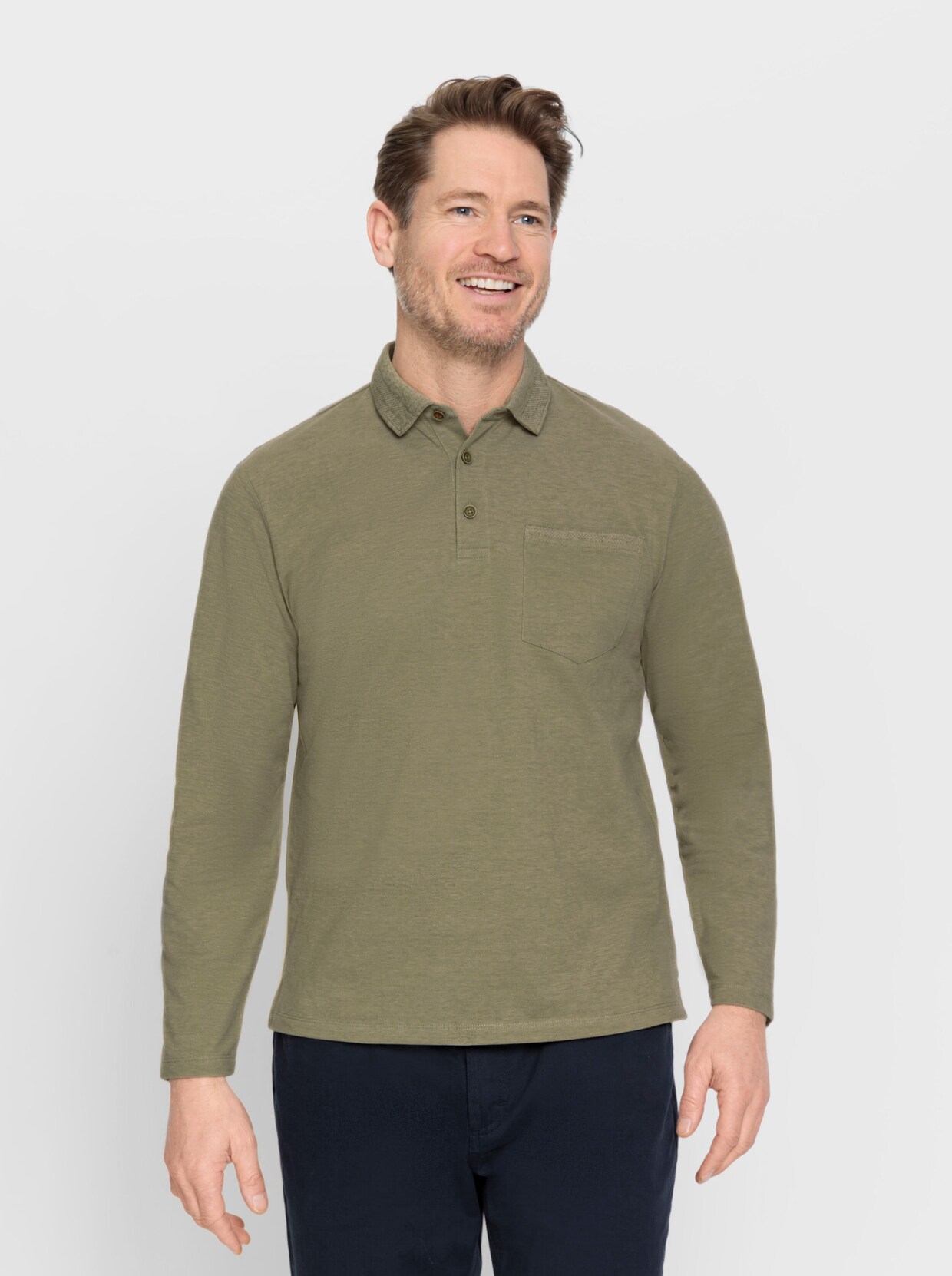 Marco Donati Poloshirt met lange mouwen - olijf gemêleerd