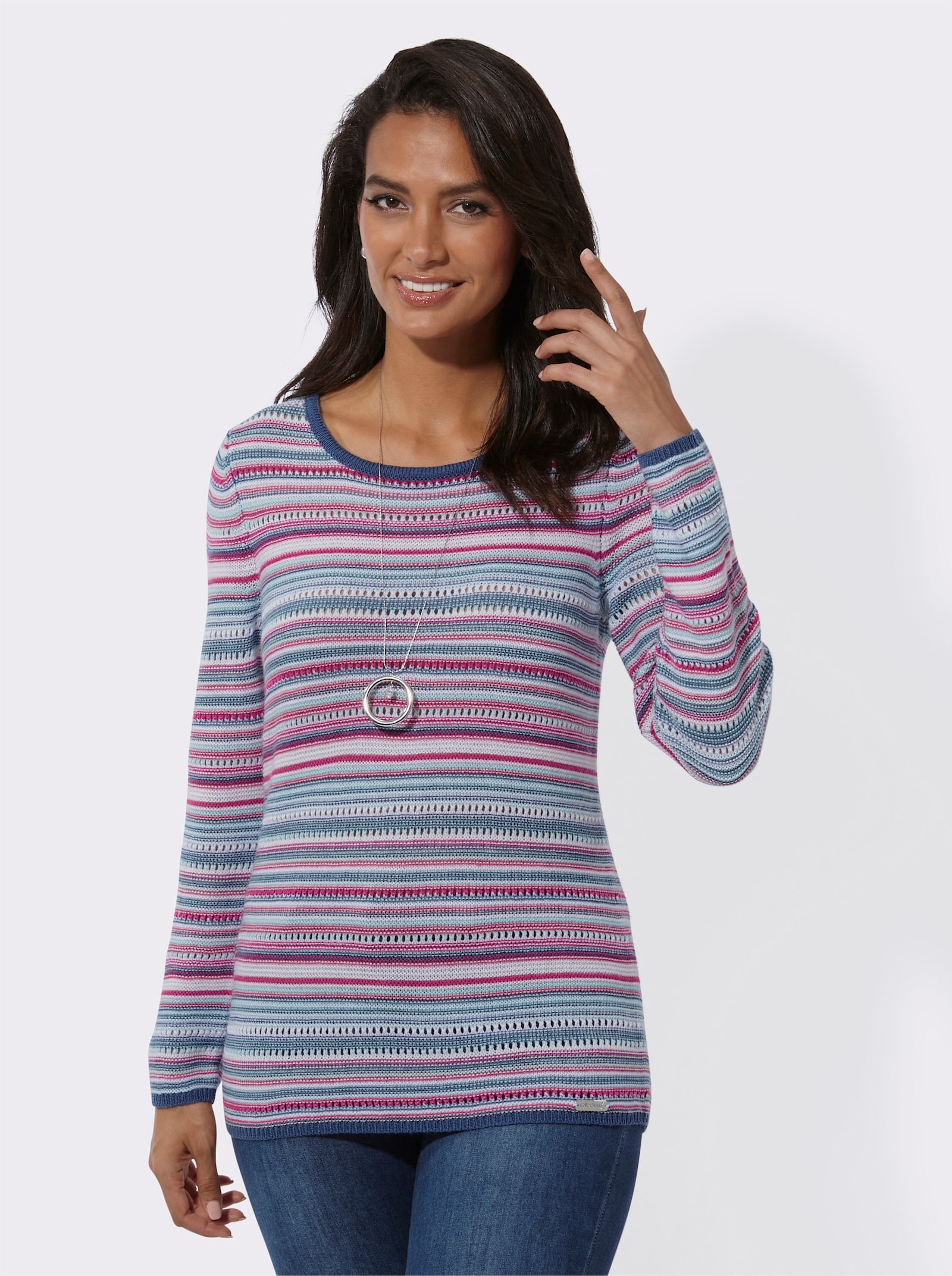Rundhalspullover im Ringelmuster - fuchsia-jeansblau-geringelt