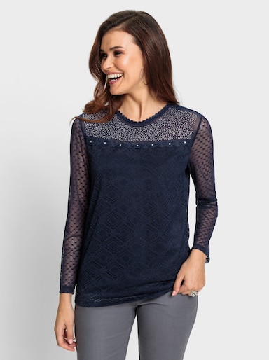 Spitzenshirt mit Mesh-Einsatz - marine