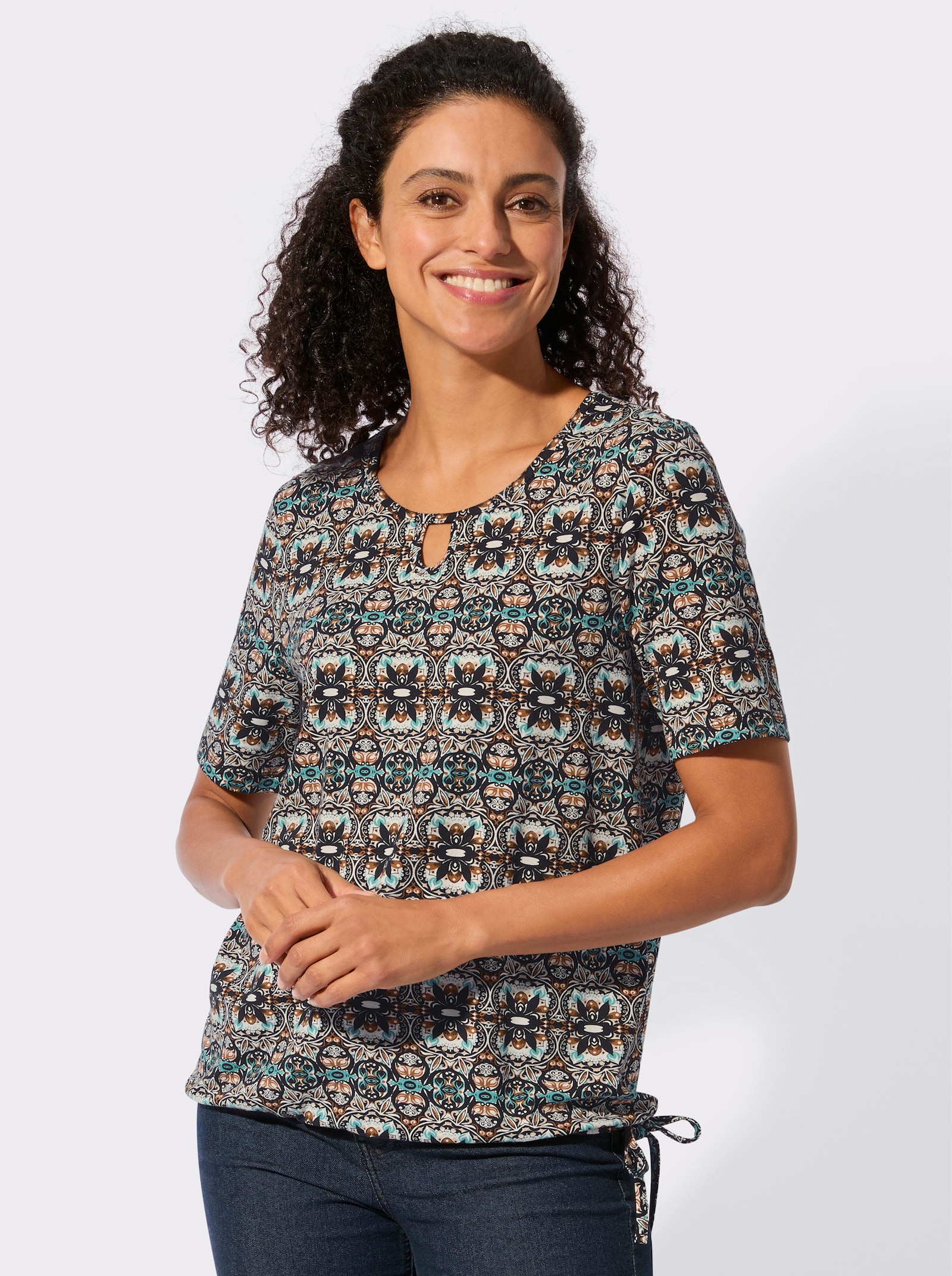 Kurzarmshirt mit Gummizug am Saum - schwarz-cognac-bedruckt