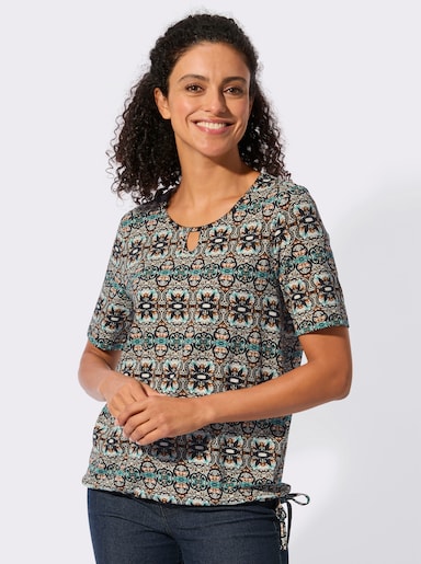 Kurzarmshirt mit Gummizug am Saum - schwarz-cognac-bedruckt