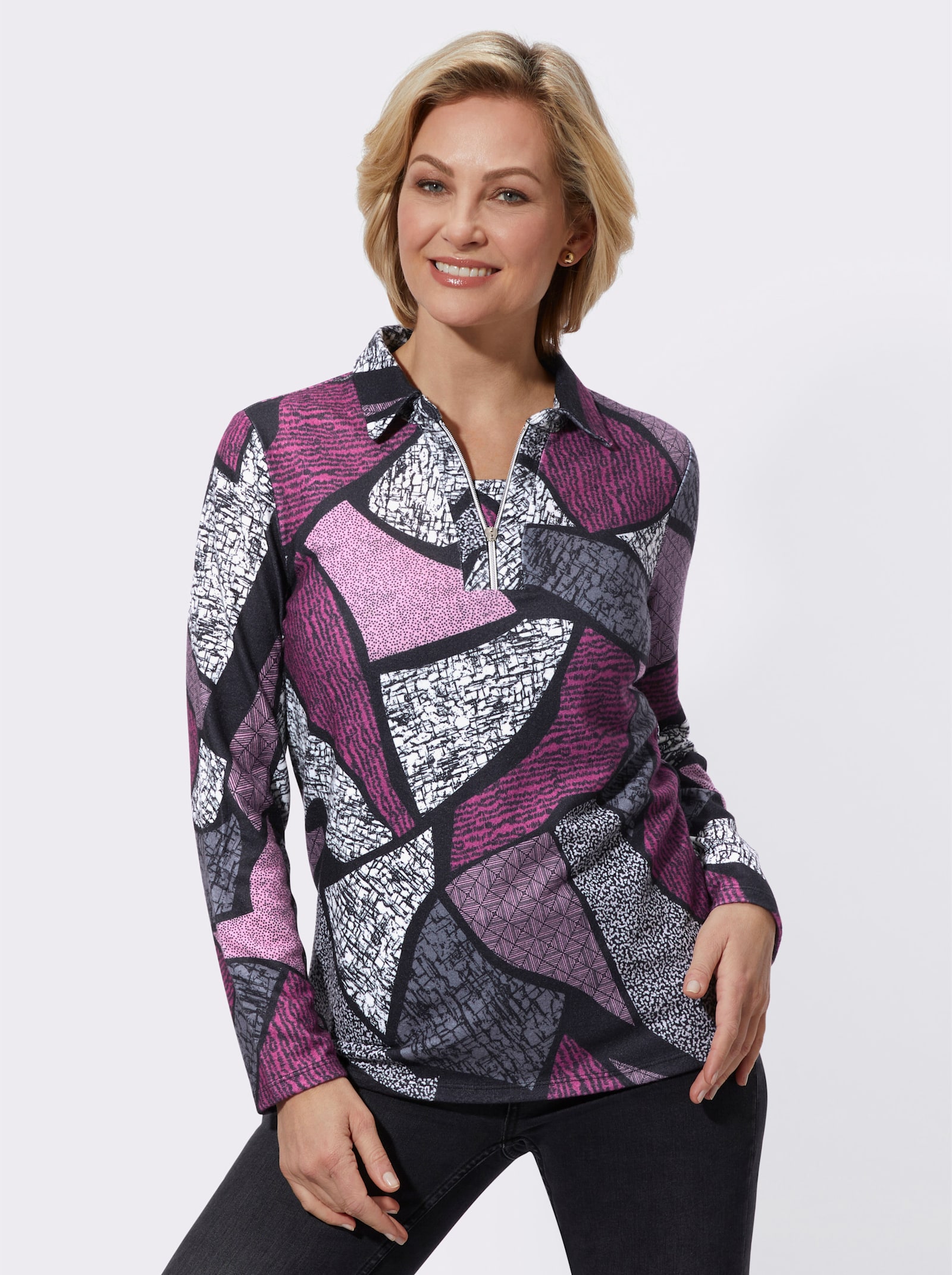 Langarmshirt im Grafik-Dessin - altrosa-schwarz-bedruckt