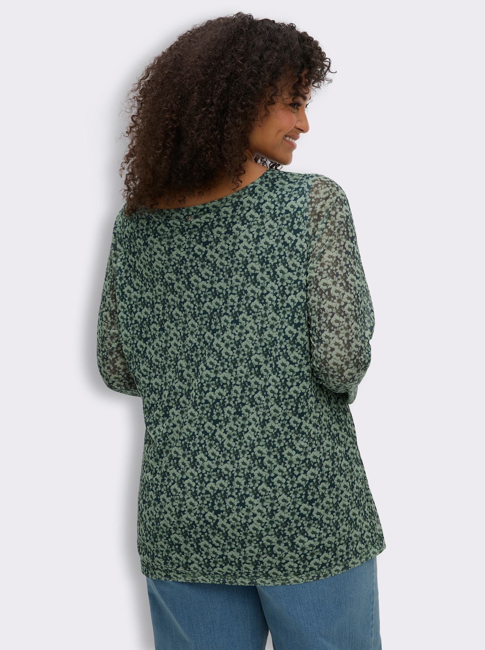 sheego Langarmshirt aus Mesh, mit Blumenprint - petrol-eucalyptus-bedruckt