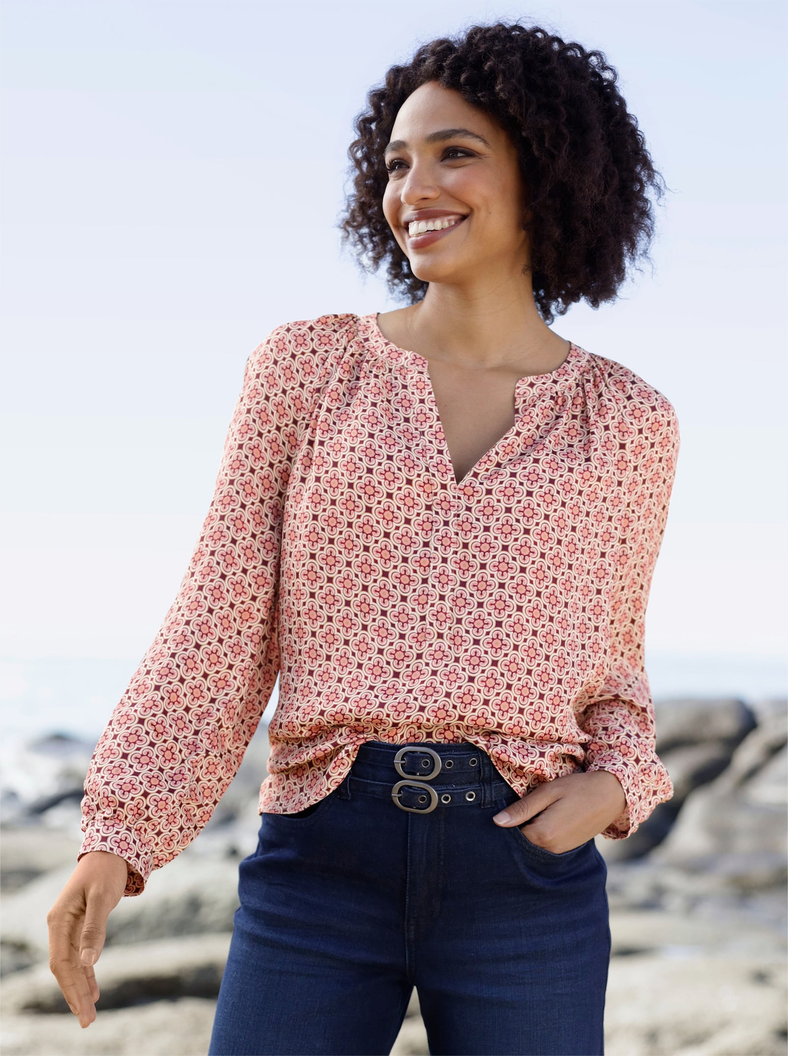 heine Comfortblouse van satijn - rozenkwarts/champagne bedrukt