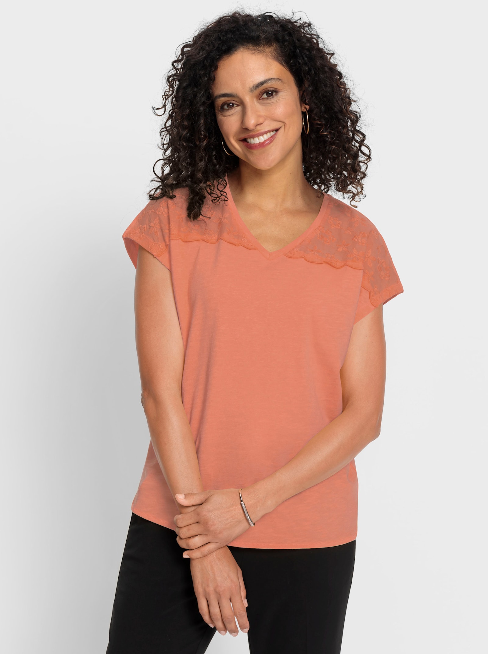 Shirt met korte mouwen en inzet met ajourwerk - papaya