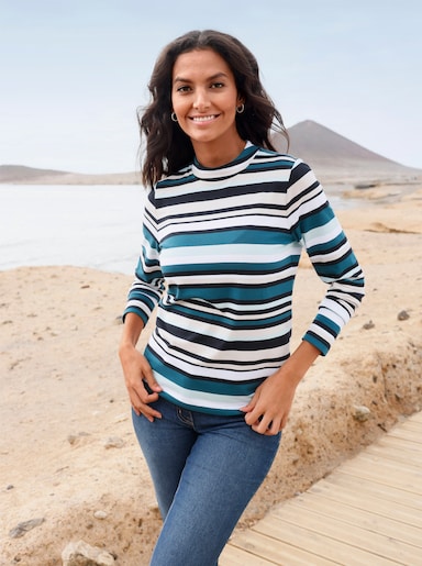 Stehkragenshirt im Ringel-Dessin - petrol-kalkmint-geringelt