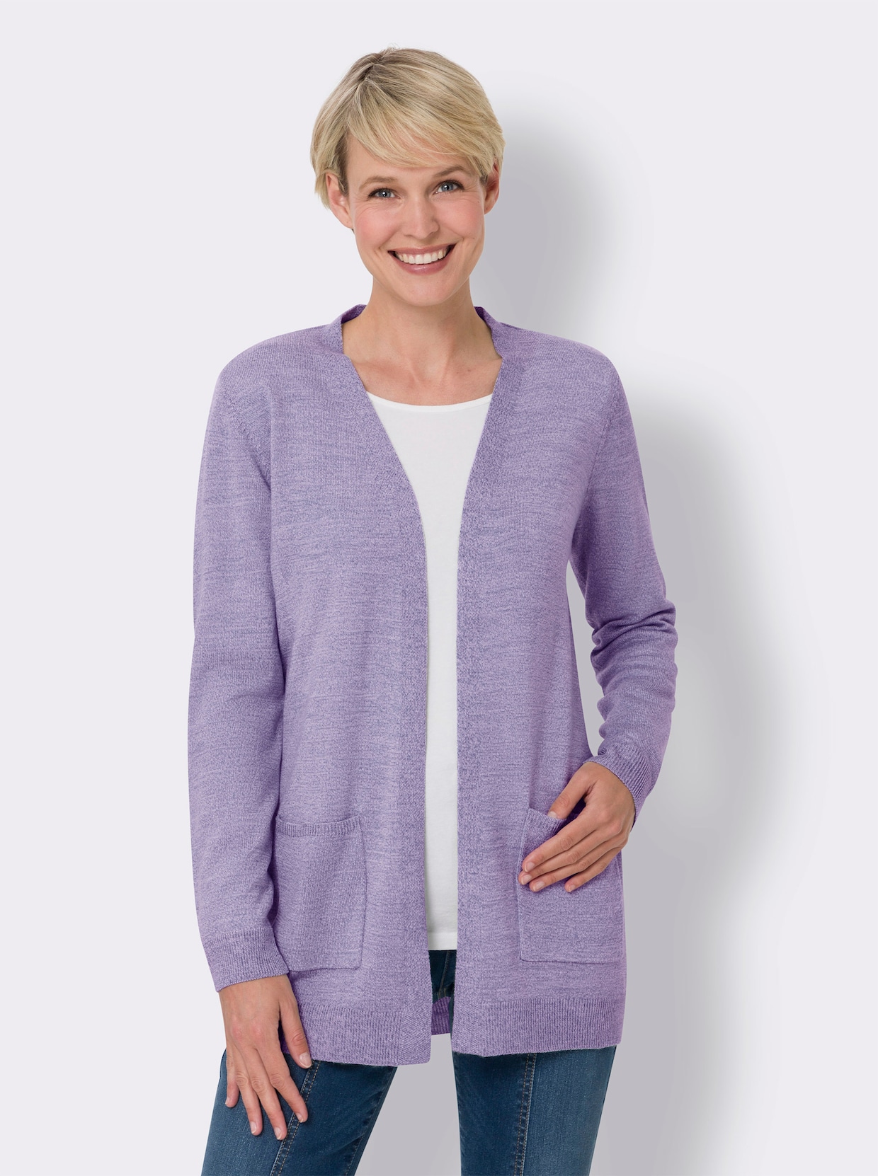 Longstrickjacke - lavendel-ecru-meliert