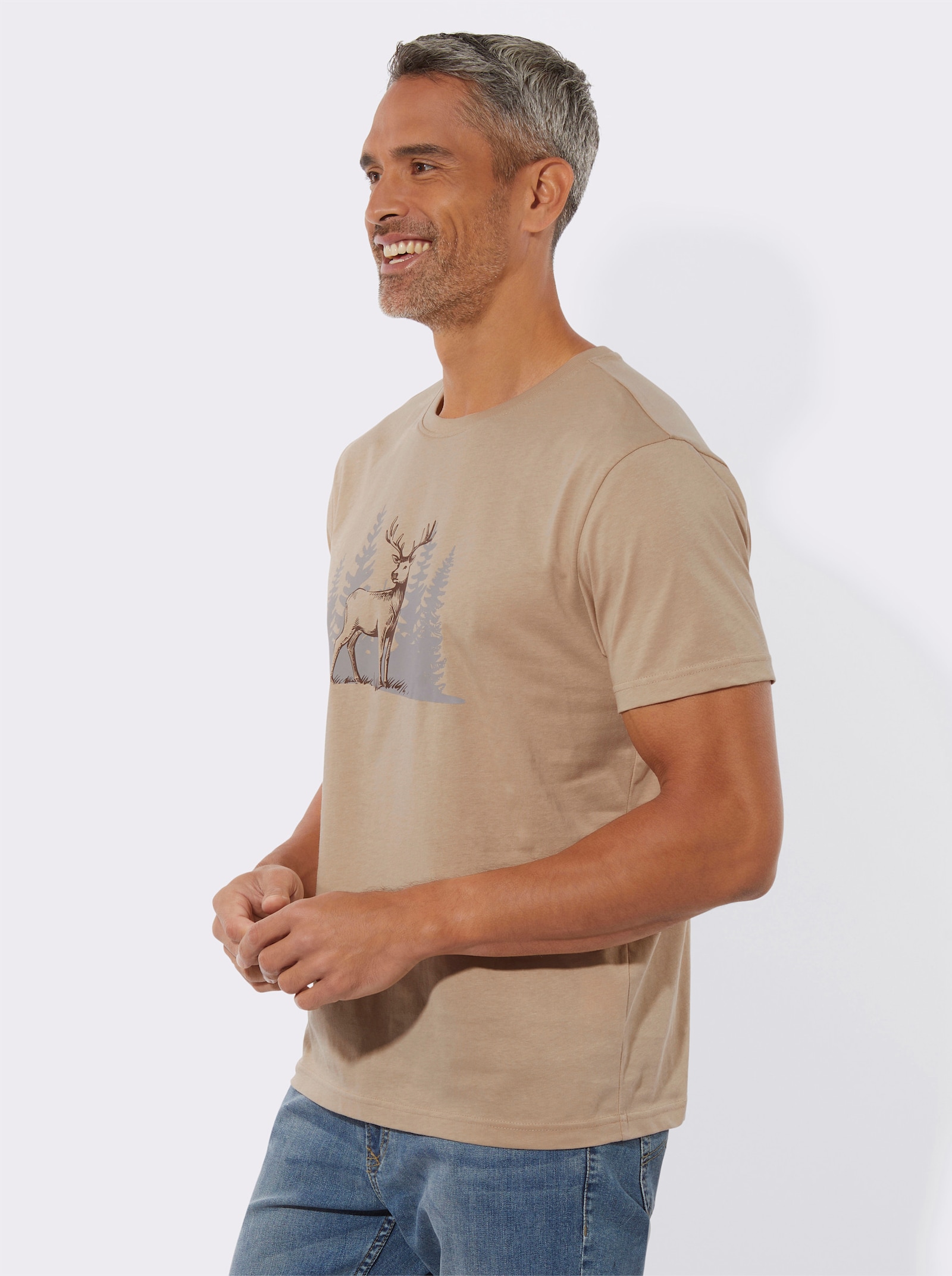 Shirt met korte mouwen en op dessin geplaatste hertenprint - beige