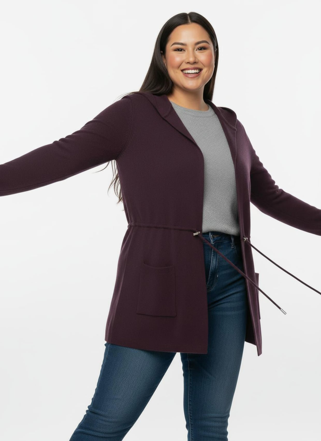 Kapuzenstrickjacke mit Tunnelzug in der Taille - burgund