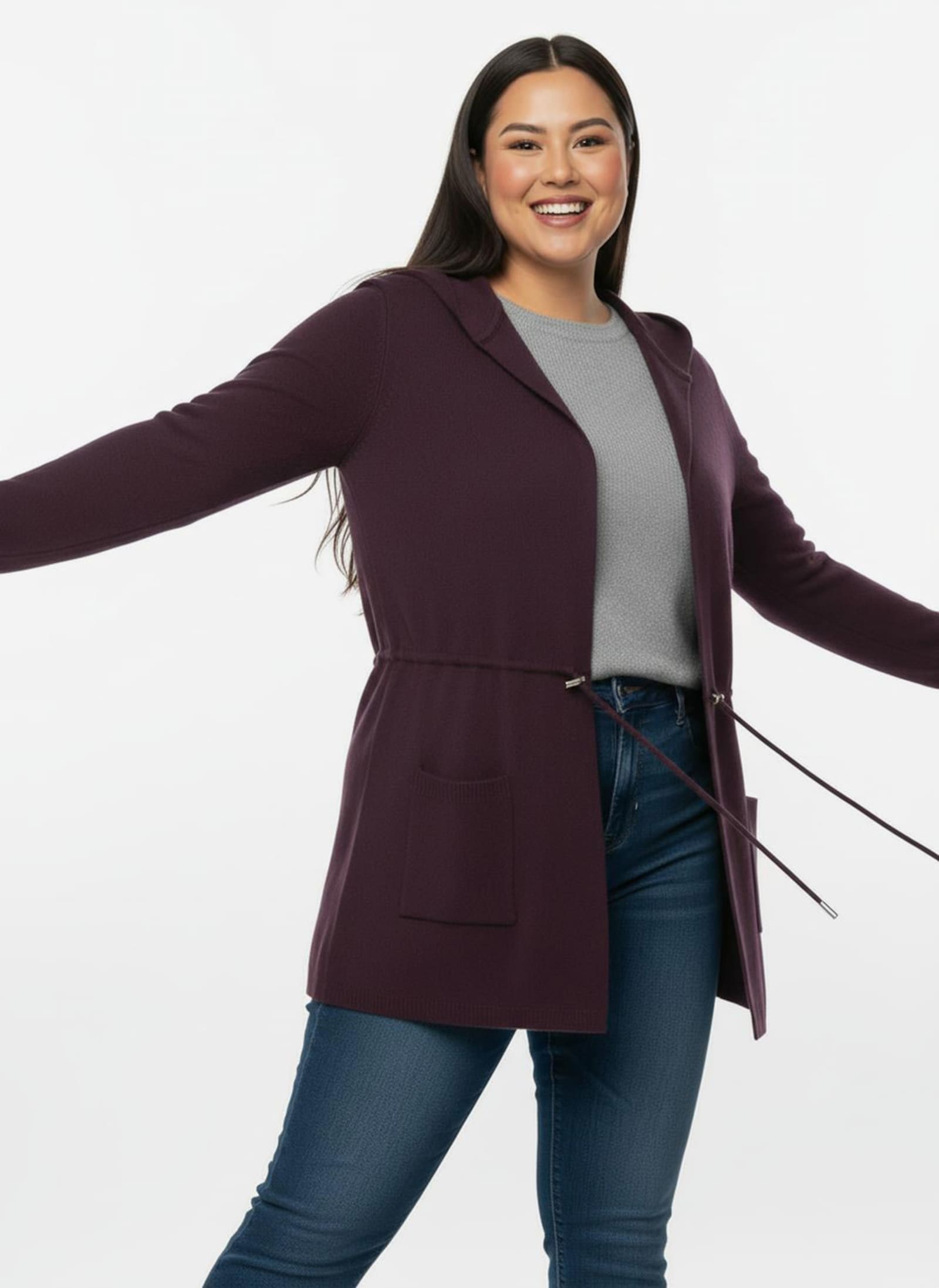 Kapuzenstrickjacke mit Tunnelzug in der Taille - burgund