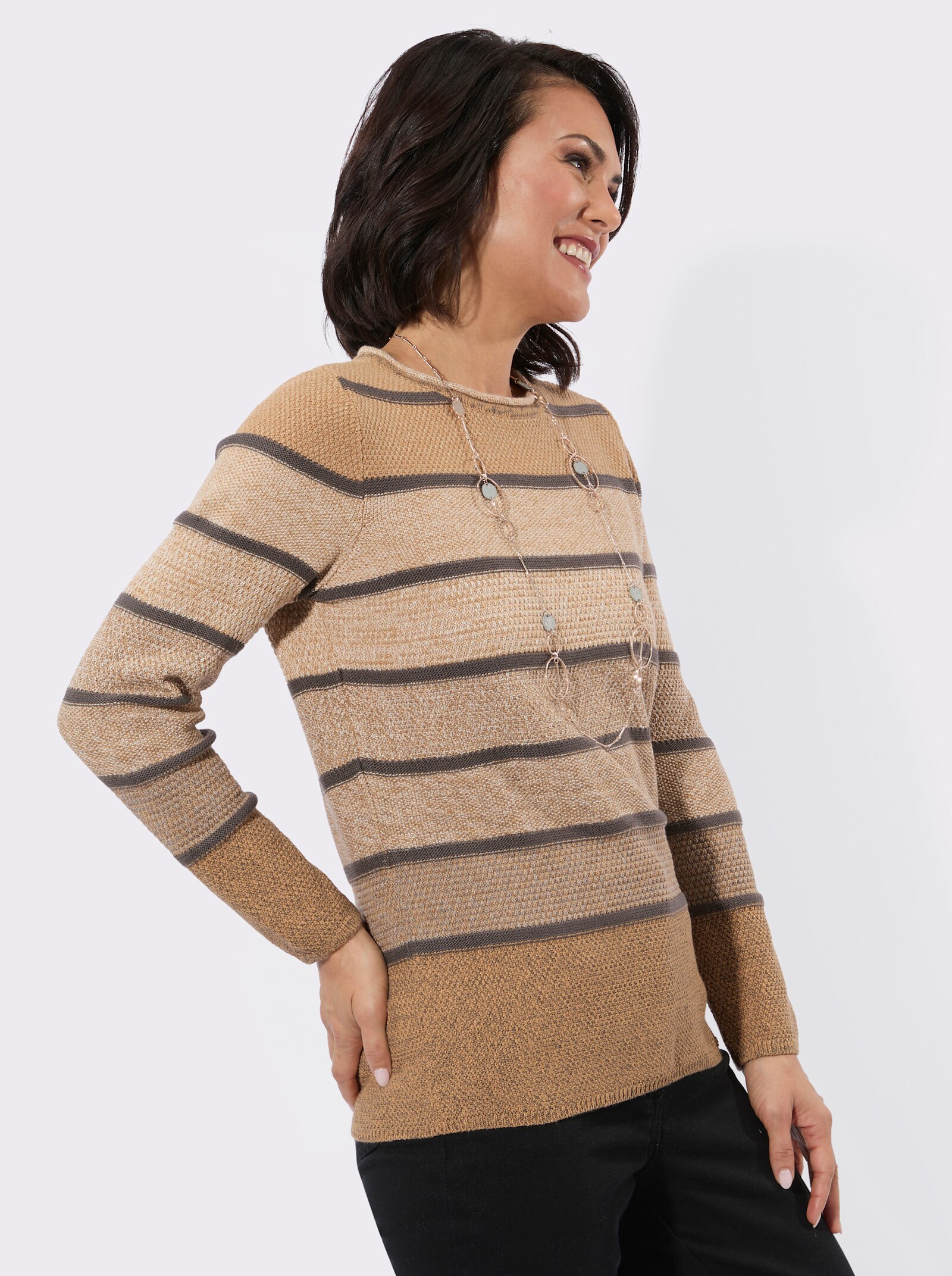 Rundhalspullover mit Ringeln - camel-steingrau-geringelt