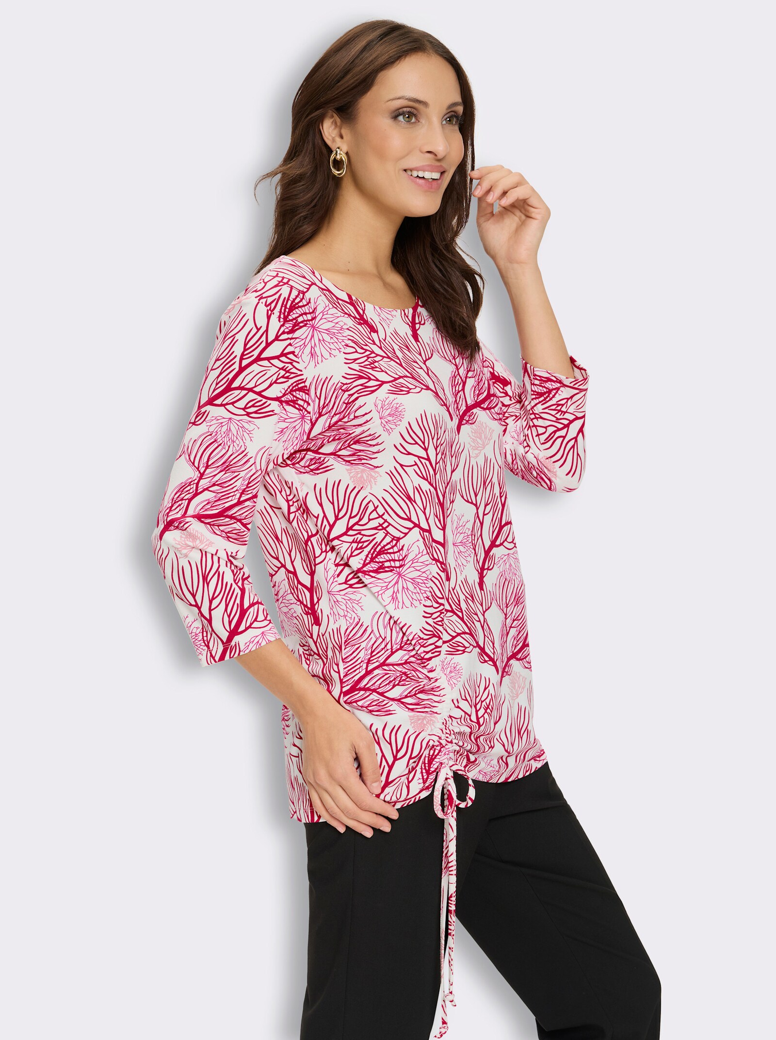 3/4-Arm-Shirt mit Korallenmuster - ecru-rot-bedruckt