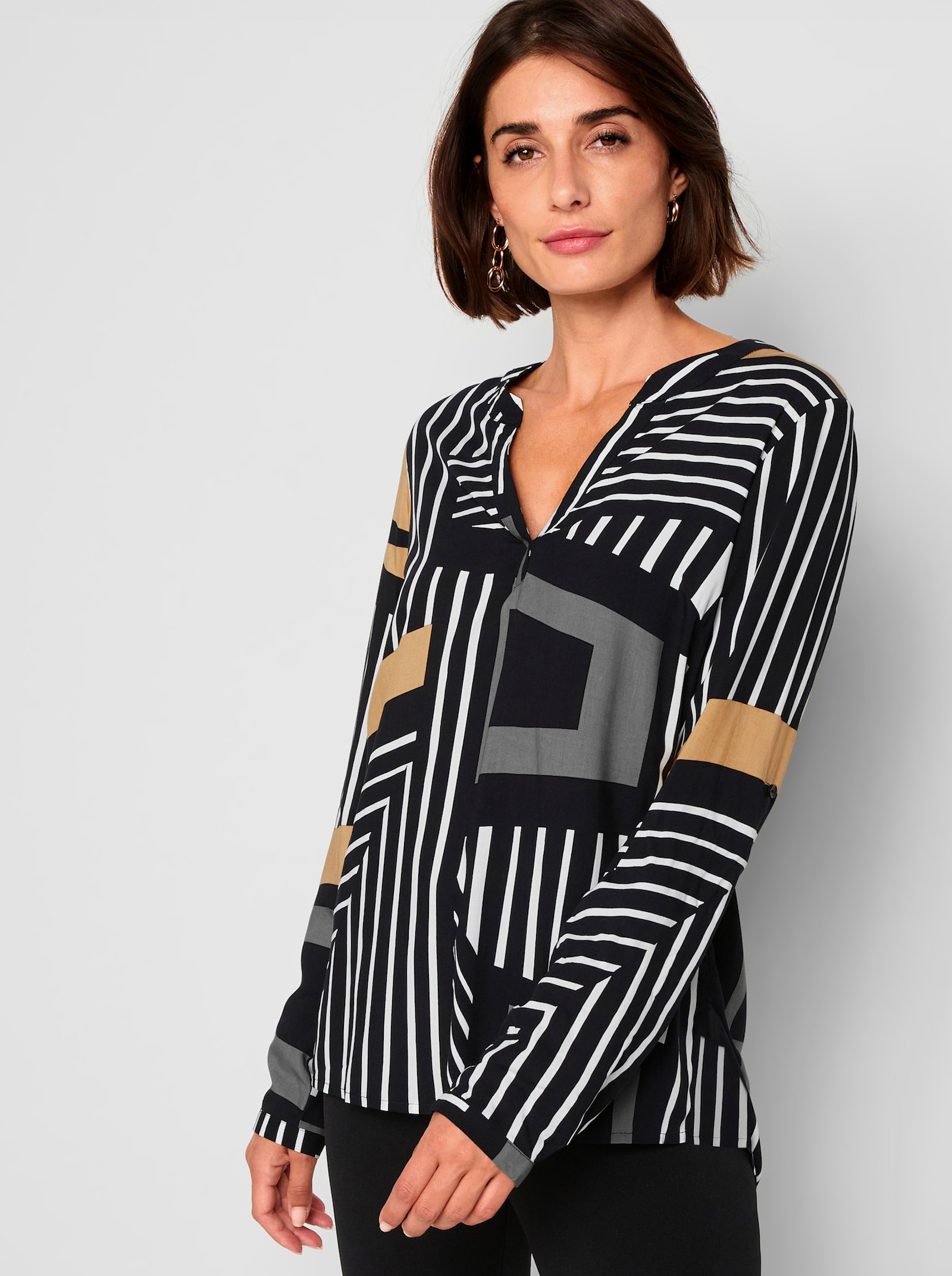 Druckbluse im Grafik-Dessin - schwarz-camel-bedruckt