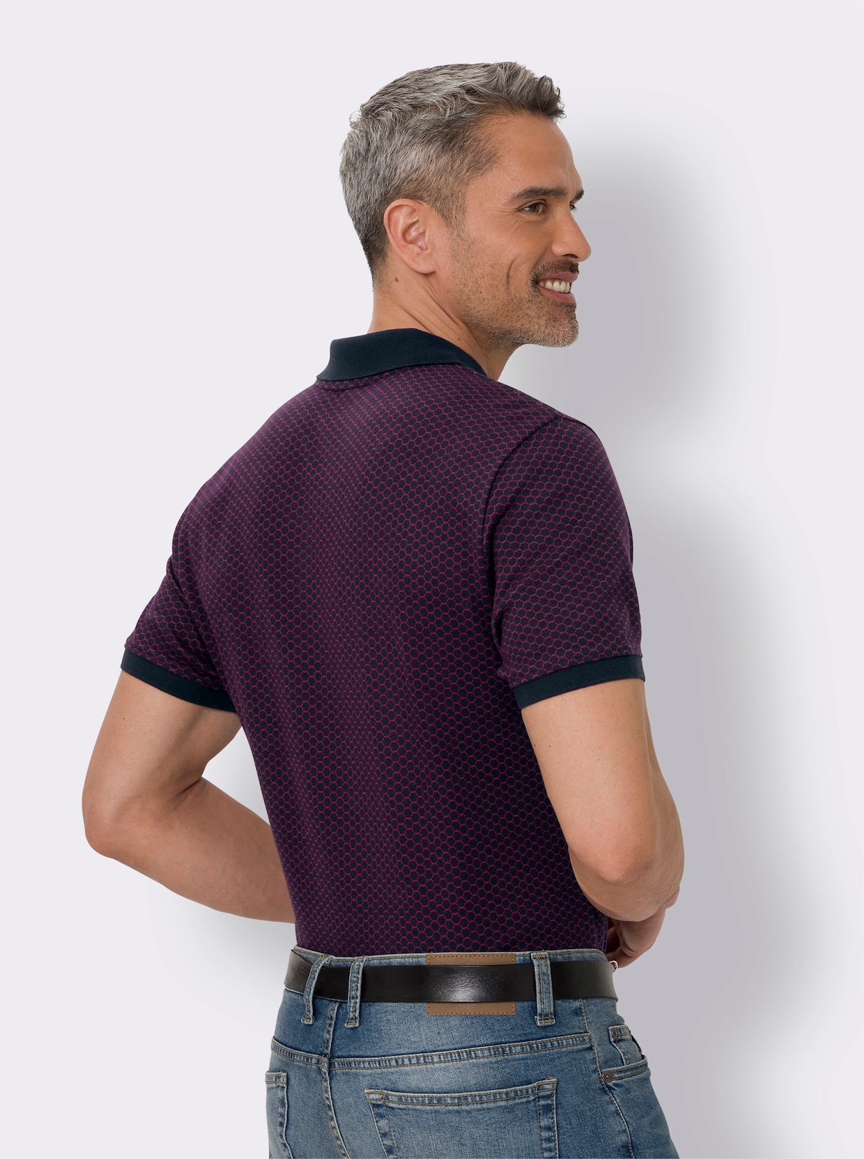 Kurzarm-Poloshirt - marine-kirsche-bedruckt