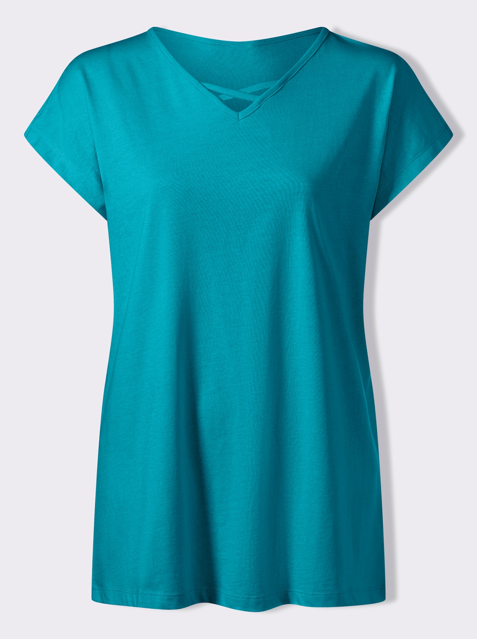 Dlouhé tričko s ozdobnými pásky ve výstřihu - tyrkysová