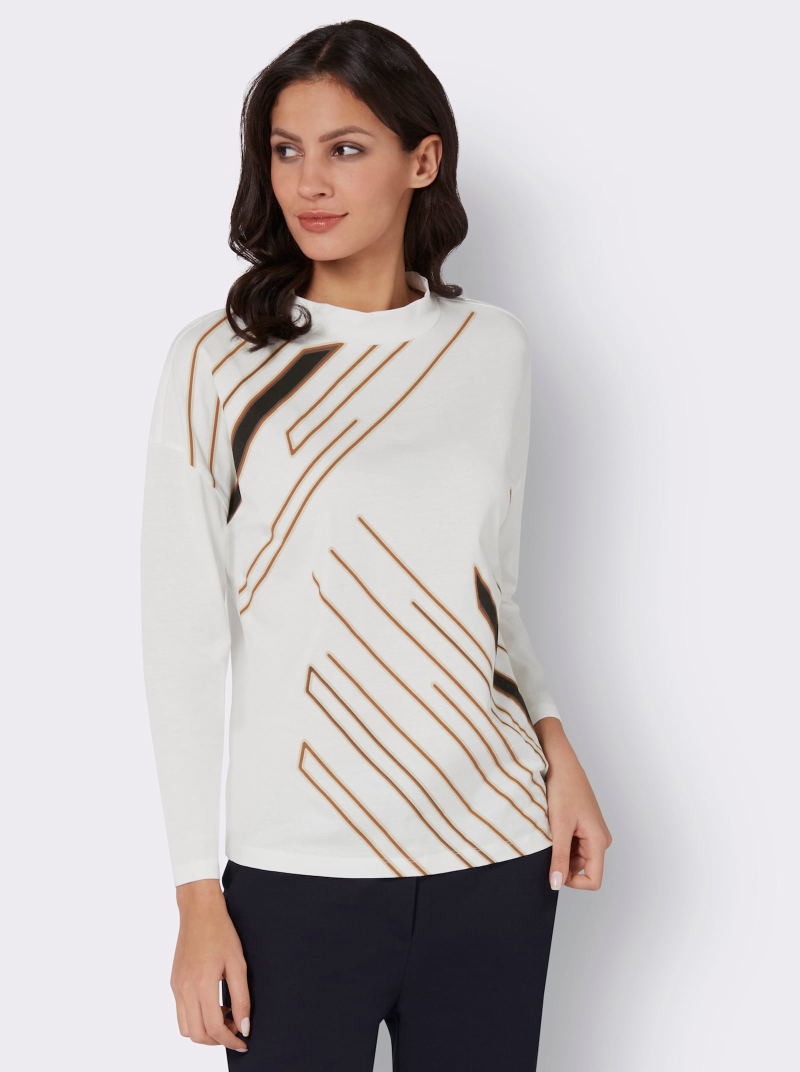 Shirt met opstaande kraag van puur katoen - ecru/choco bedrukt