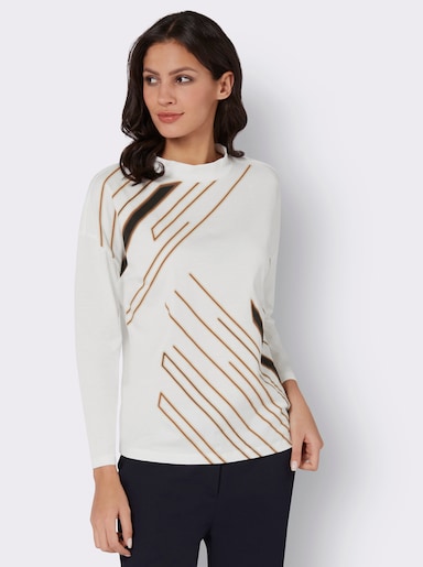 Stehkragenshirt aus reiner Baumwolle - ecru-schoko-bedruckt