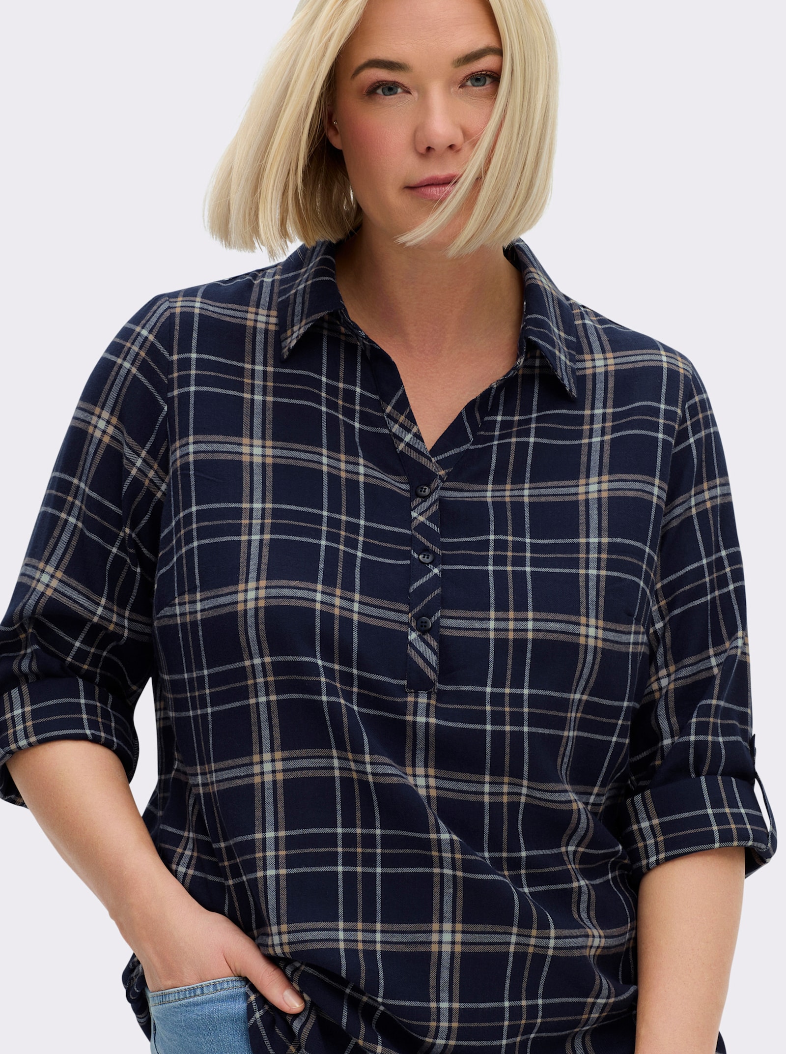 Flanellbluse mit krempelbaren Ärmeln - marine-weiß-kariert