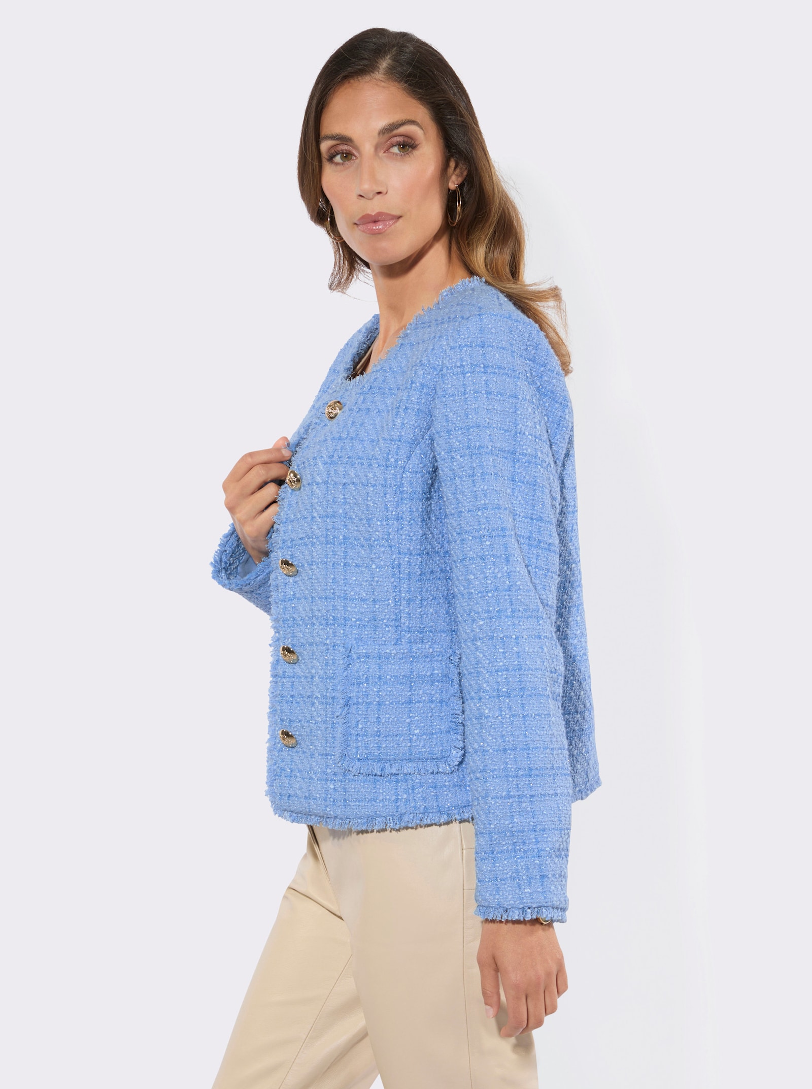 Bouclé-Blazer mit feinen Fransenkanten - himmelblau