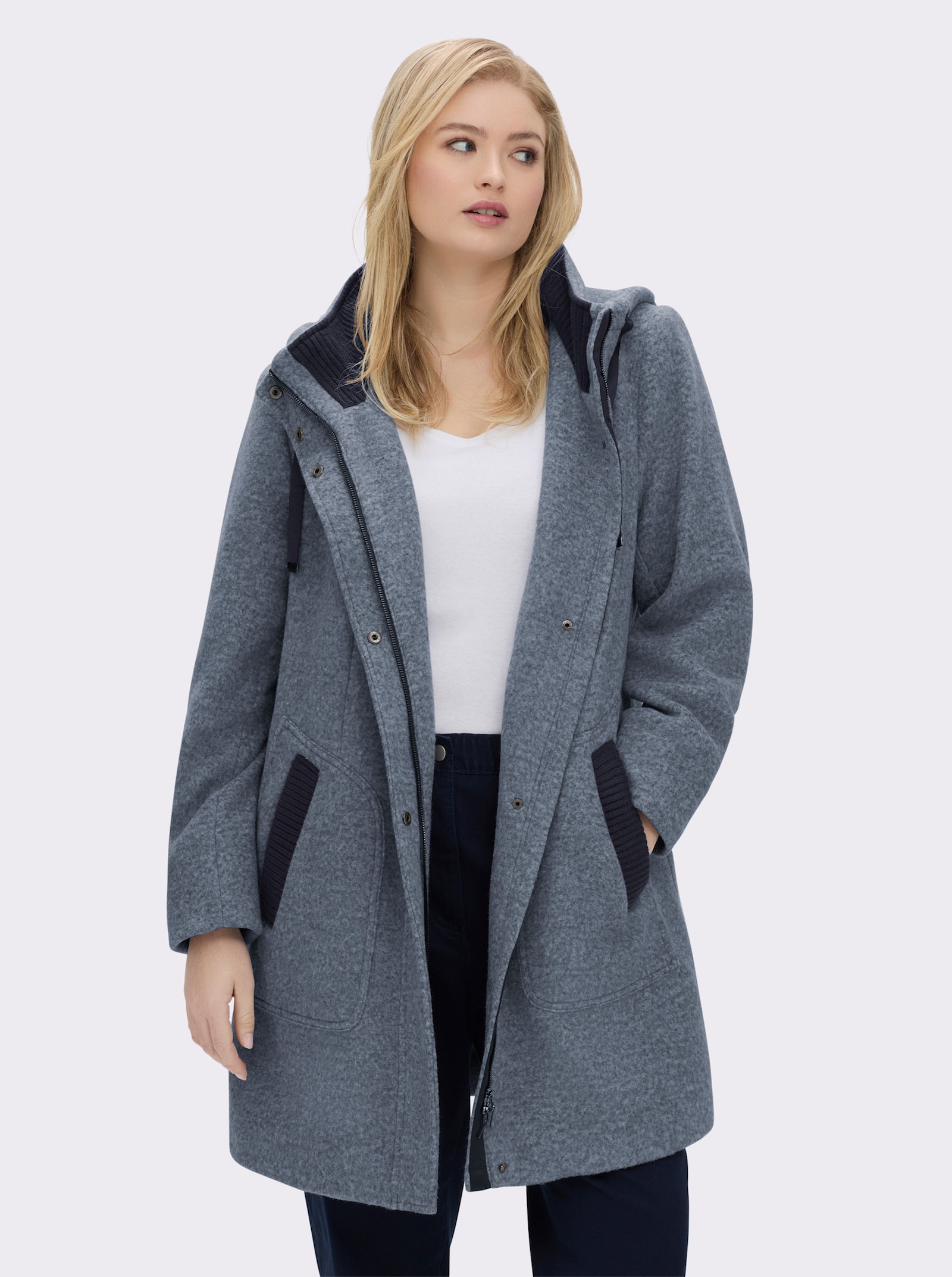 Kurzmantel mit Strick-Bündchen - rauchblau-meliert