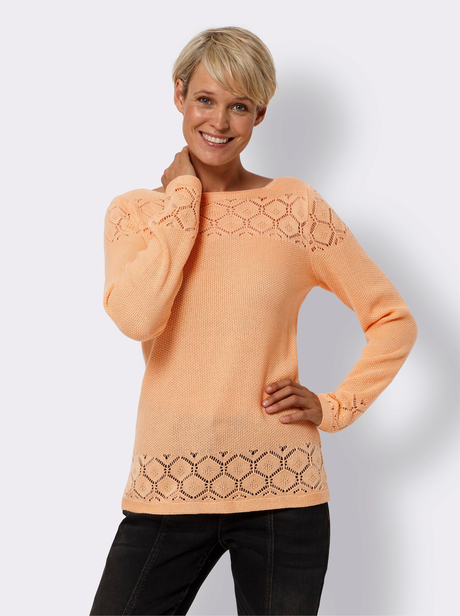 Langarm-Pullover mit Ajour-Muster - apricot