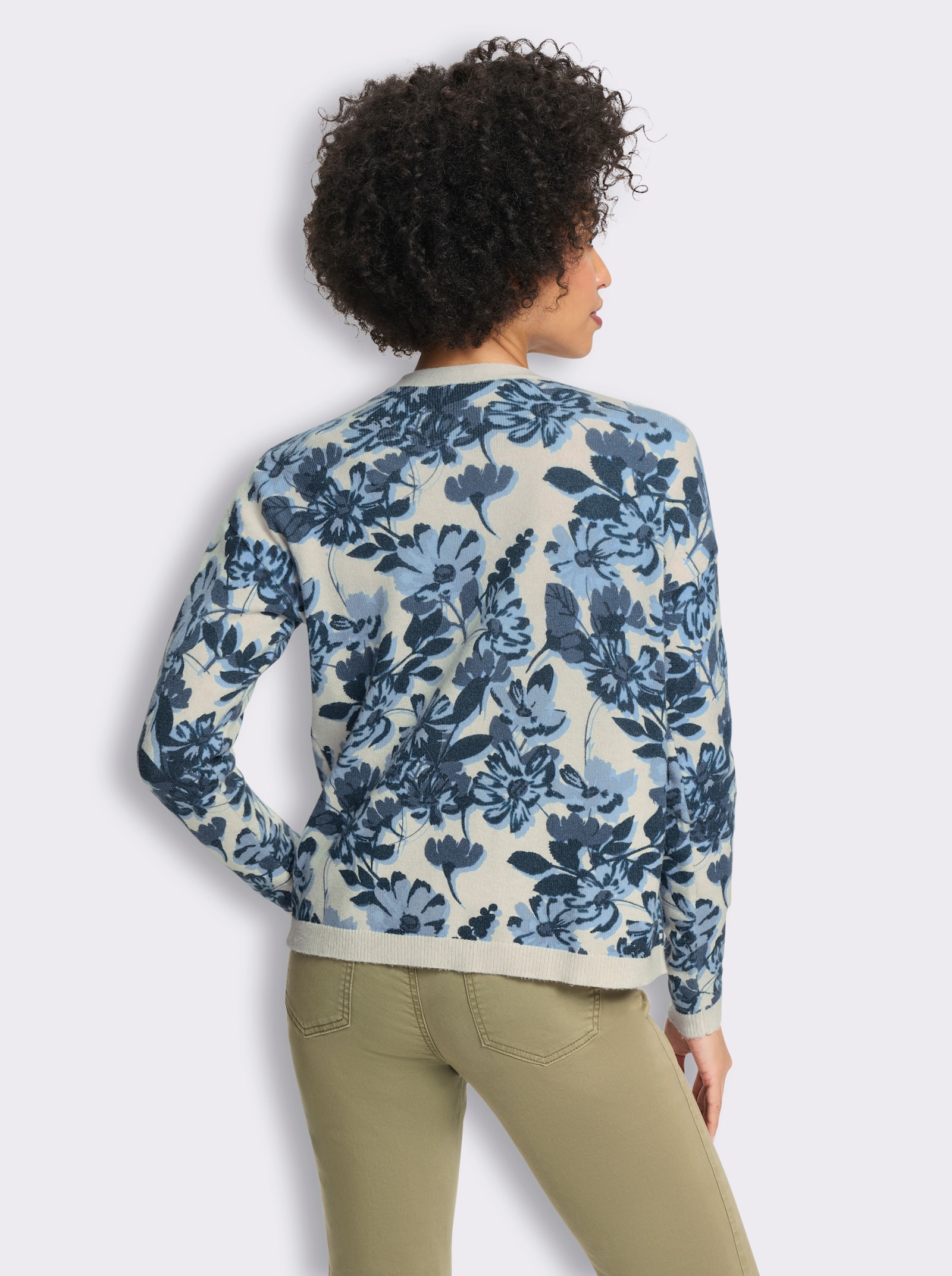 heine Strickjacke mit Floral-Print - sand-rauchblau-bedruckt